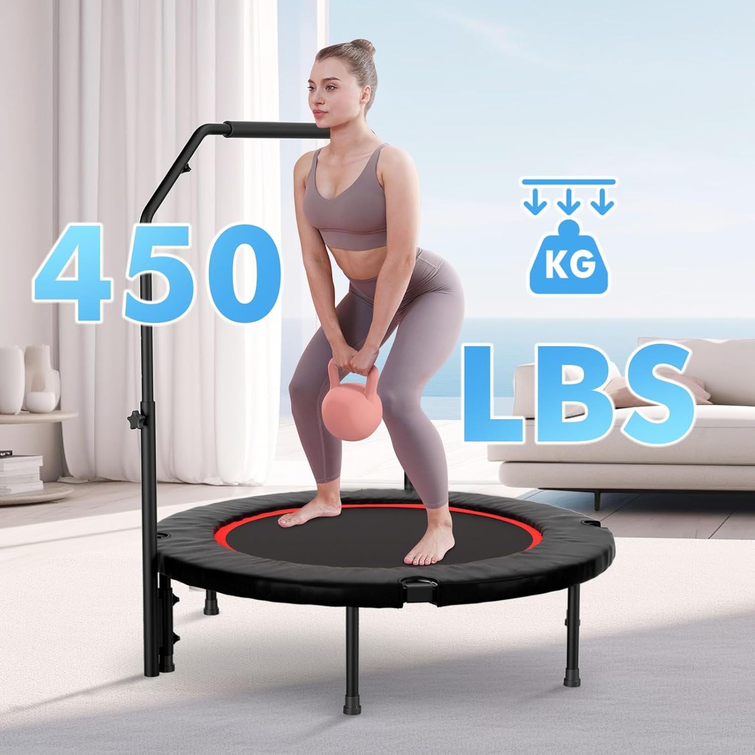 40 inch Rebounder for Adult,450 LBS Fitness Mini Rebounder with Adjustable Foam Handle,Foldable Exercise Rebounder for Indoor Workout