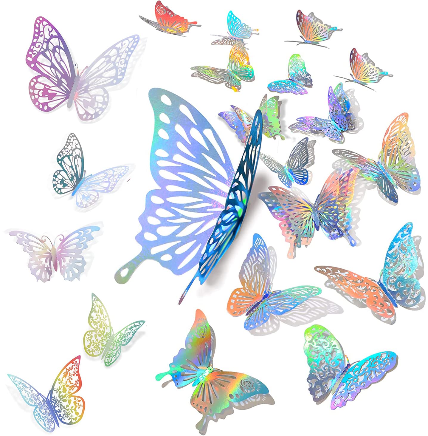 HEXXEE Amzboen 48 Pcs 3D Butterfly Wall Decor, 3D Butterfly Wall Decors with 4 Styles 3 Sizes, Removable Butterfly Wall Decor Stickers for Home Bedroom Birthday Party Baby Shower (Laser Silver)