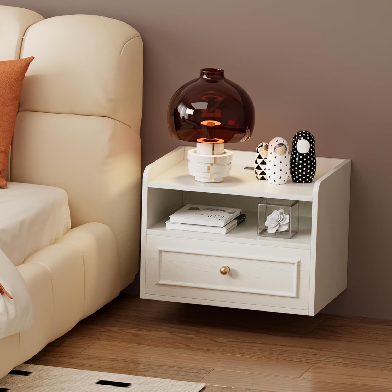 Floating Nightstand with Charging Station Set of 2, Modern Wall Mounted Bedside Tables with Drawer & Open Shelf, Modern Hanging Table with USB & Type C Ports for Bedroom, Small Spaces