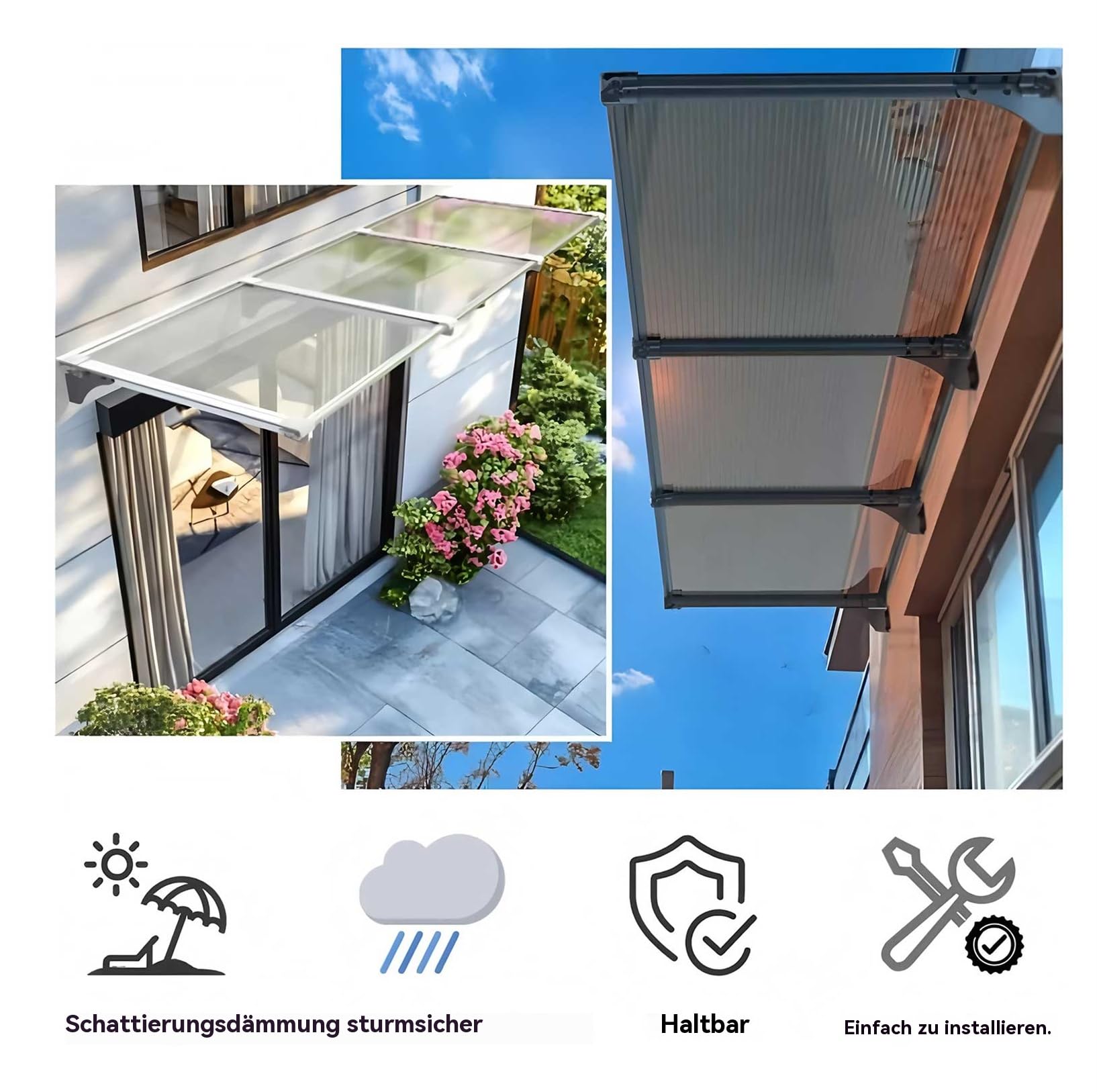 Fenstervordach für Türen Vordach Haustür,Polycarbonat und Aluminium Rahmen,für Balkon-Traufe-Garten-Regen- und Schneeschutz Hohe Stabilität vordach Ideal für Veranda