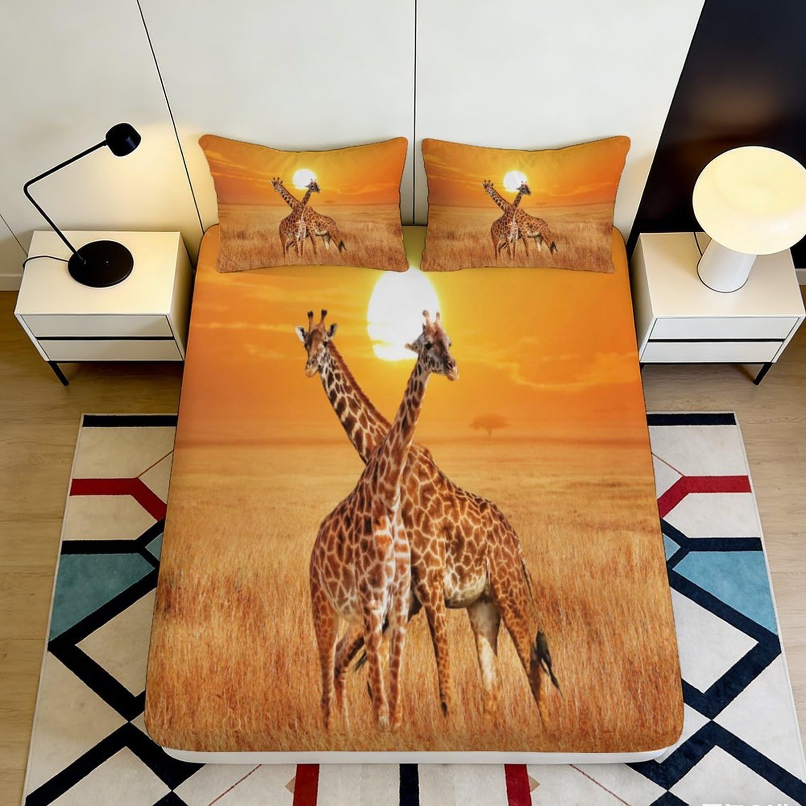 3D Printed Sunset Savannah Fitted Sheet Microfiber Giraffe Family Mattress Cover for Bedroom Guest Room Decor 90x200x25cm