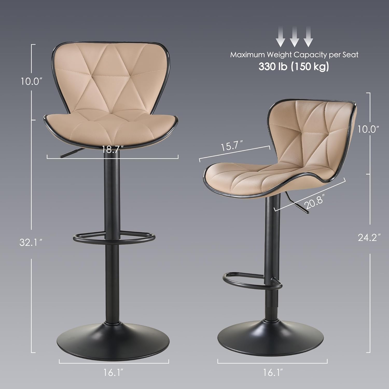 Bar Stools Set of 2, Modern Swivel Counter Height Bar Stools, Adjustable Leather Bar Chairs with Backrest, Upholstered Armless Bar Height Stools, Island Chairs for Kitchen Counter, Oatmeal