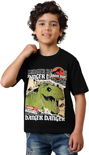 Kidsville Official Jurassic World T-Rex Graphic Puff Printed Regular Fit Cotton Tshirt for Boys