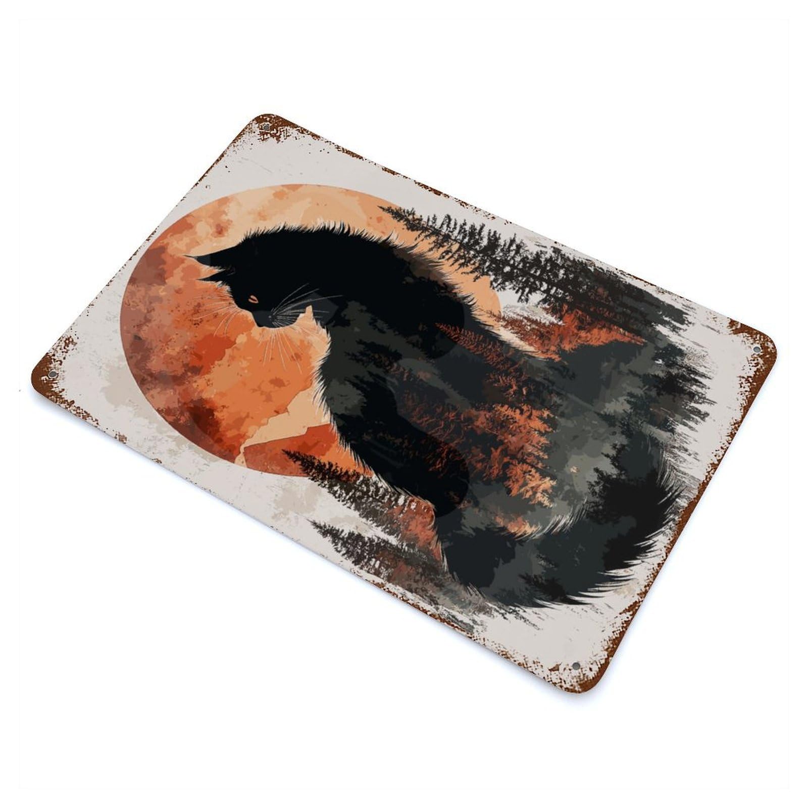 Rust Effect Maine Coon with Moon Aged Metal Wall Plaque 11.8"x7.9", Rustic Home Decor for Bistro, Counter And Cafe Decor