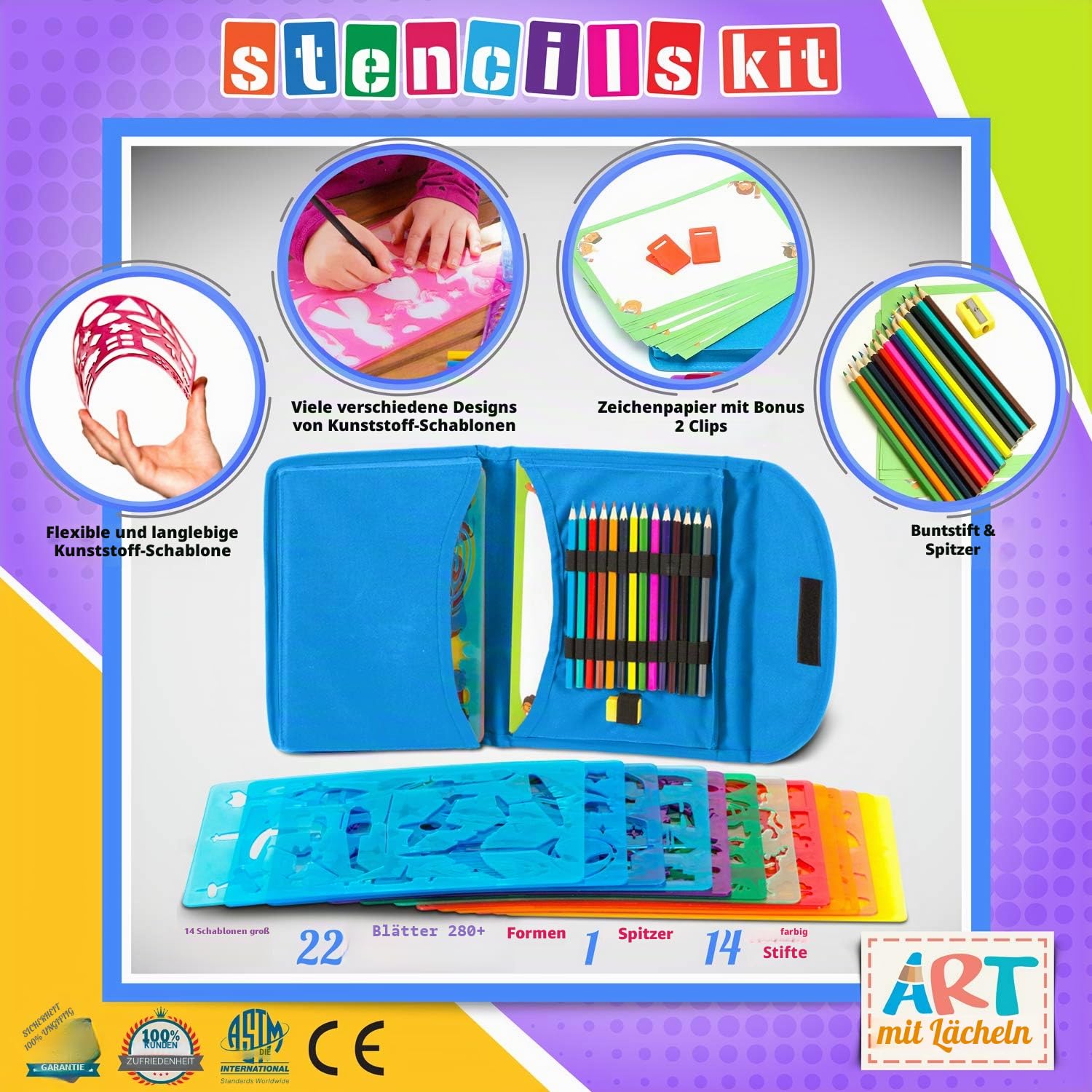Art with smile Zeichenschablonen für Kinder-Set und Tragetasche – – kindersicheres, ungiftiges Schablonen-Set mit 300 Formen, Buntstiften, Papier usw. – Reise-Kunstzubehör für Kreativität, Lernen