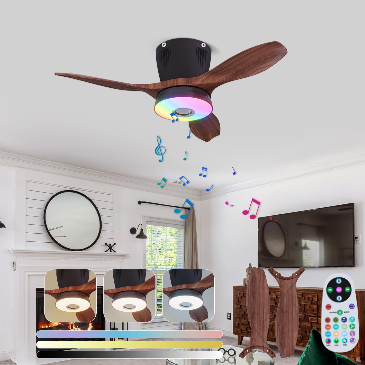 RGB Dimmable Plafonnier Ventilateur avec Telecommande LED Silencieux Ventilateurs de Plafond avec Lampe Douille E27 Fan Plafonnier Musique Lampe de Ventilateur pour Chambre à Coucher Salon (Noir)