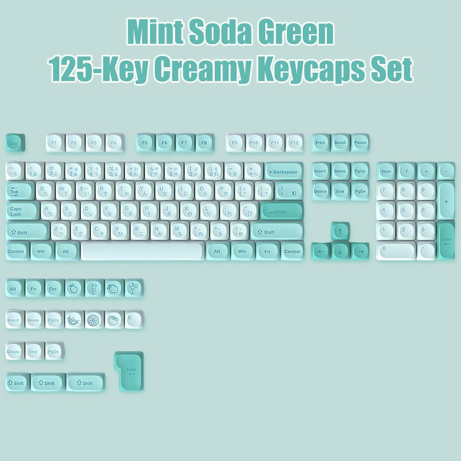 Mint Green Japanese Keycaps,125 Keys MOA Profile Cute Round Keycaps Thick PBT Custom Creamy Keycaps Set for ANSI Cherry MX Switch 60% TKL Mechanical Gaming Keyboard