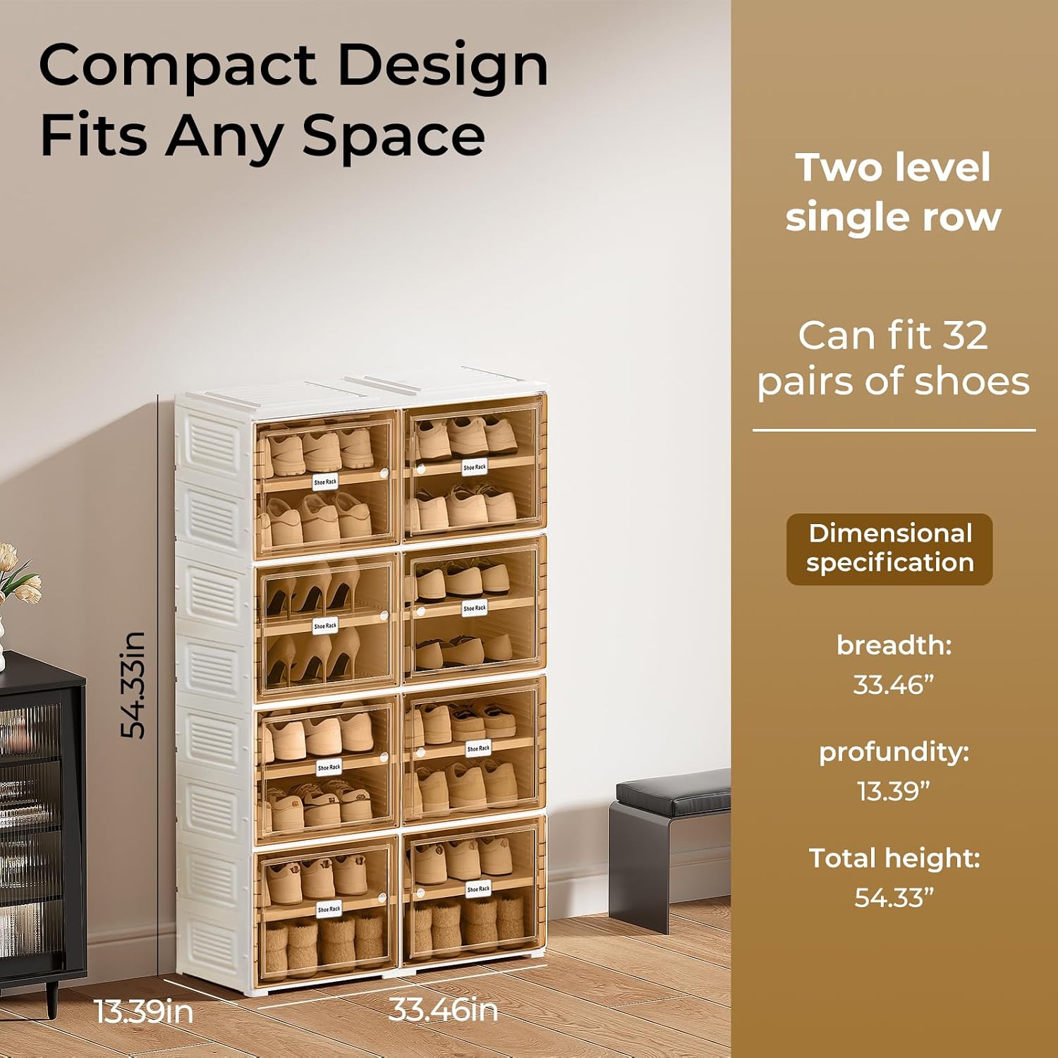 8 Tiers Foldable Shoe Storage Cabinet with Magnetic Doors,Shoe Rack Organizer for Closet Entryway,Large Dust-Proof Shoe Storage Boxes Hold Up to 32 Pairs,Easy Assembly
