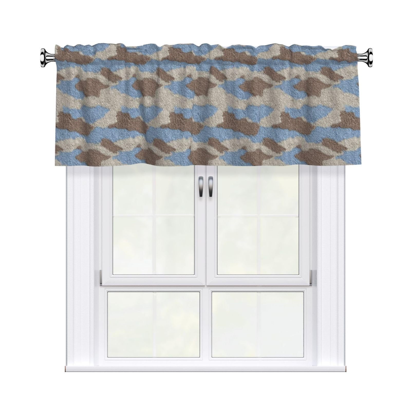 Woshuwo Boho Camo Knit Fabric Light Blue Valances For Windows Rod Pocket Window Treatment Short Curtains For Kitchen Living Room Bedroom Decor 54x18in