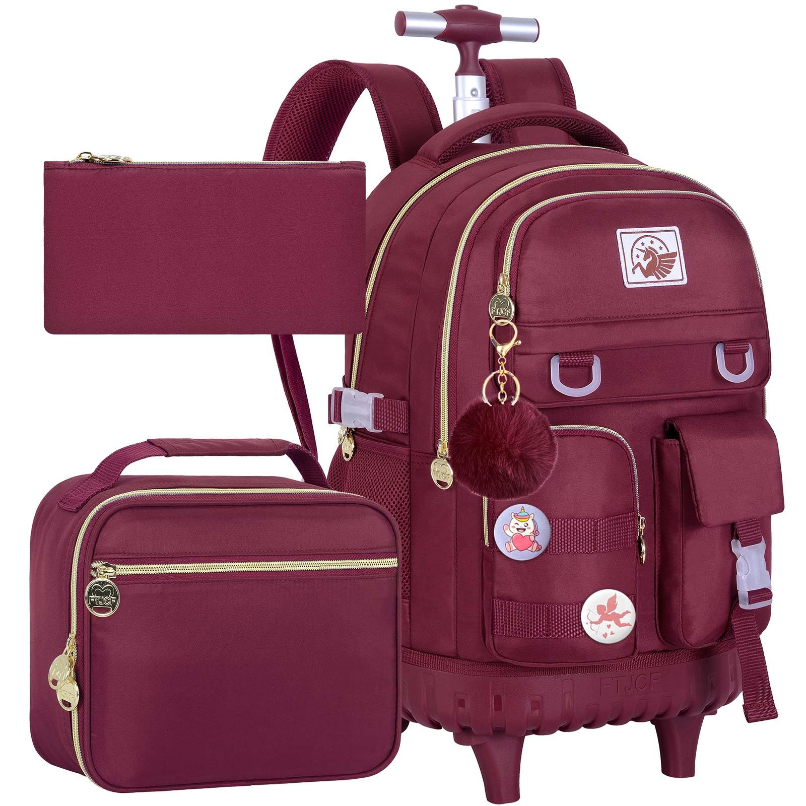 Rolling Backpack for Girls Women, 21 inch Roller Wheels Backpacks for School, Water Resistant Wheeled Bookbag with Lunch Box - Red