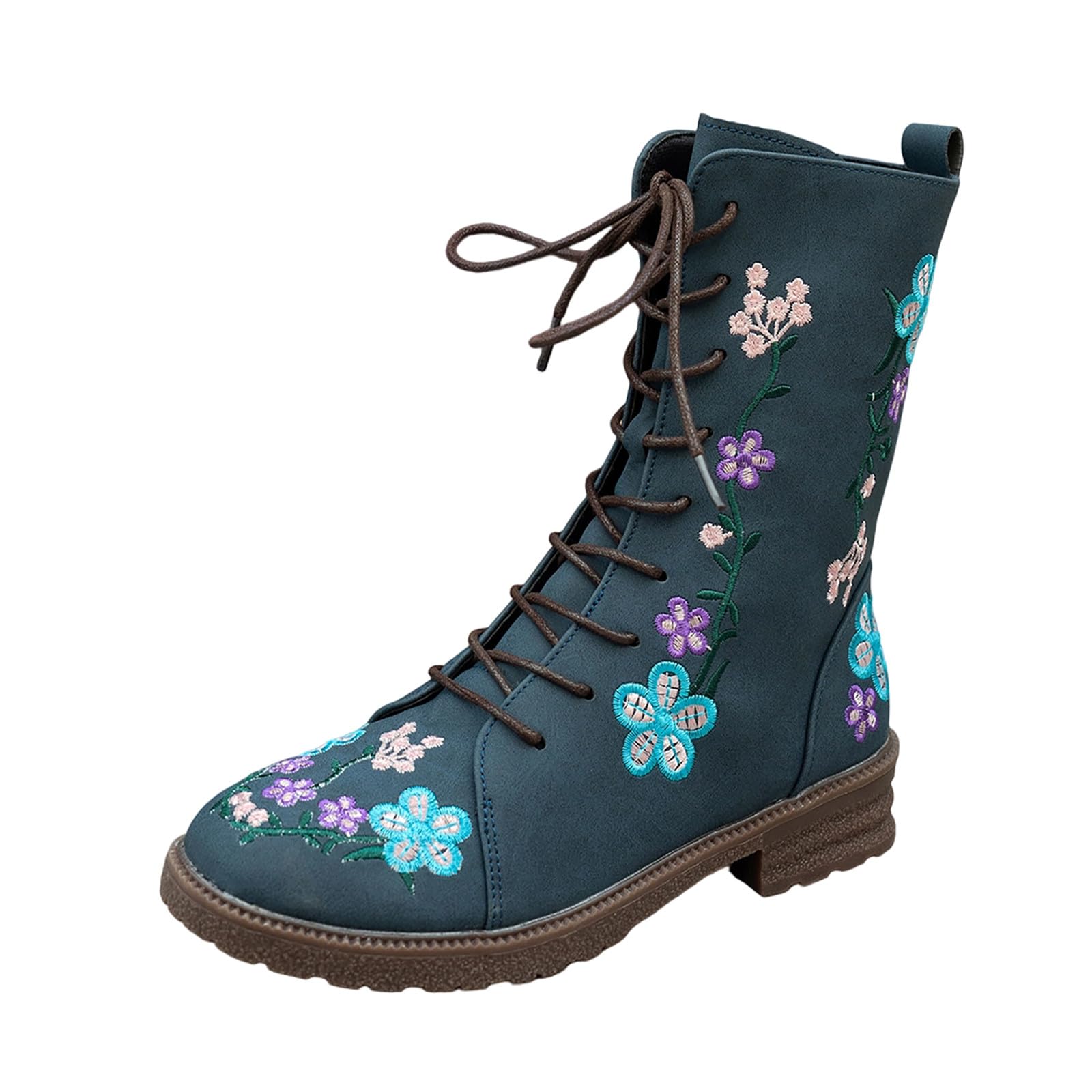 Womens Ankle Boots with Flower Embroidery Round Toe Front Lace-Up and Side Zipper Low Heel Casual Winter Design