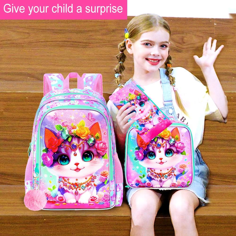 3Pcs Cat Backpack for Girls, 16" Kids School Backpacks with Lunch Box, Bookbag for Elementary Preschool Kindergarten(Pink) - Image 9