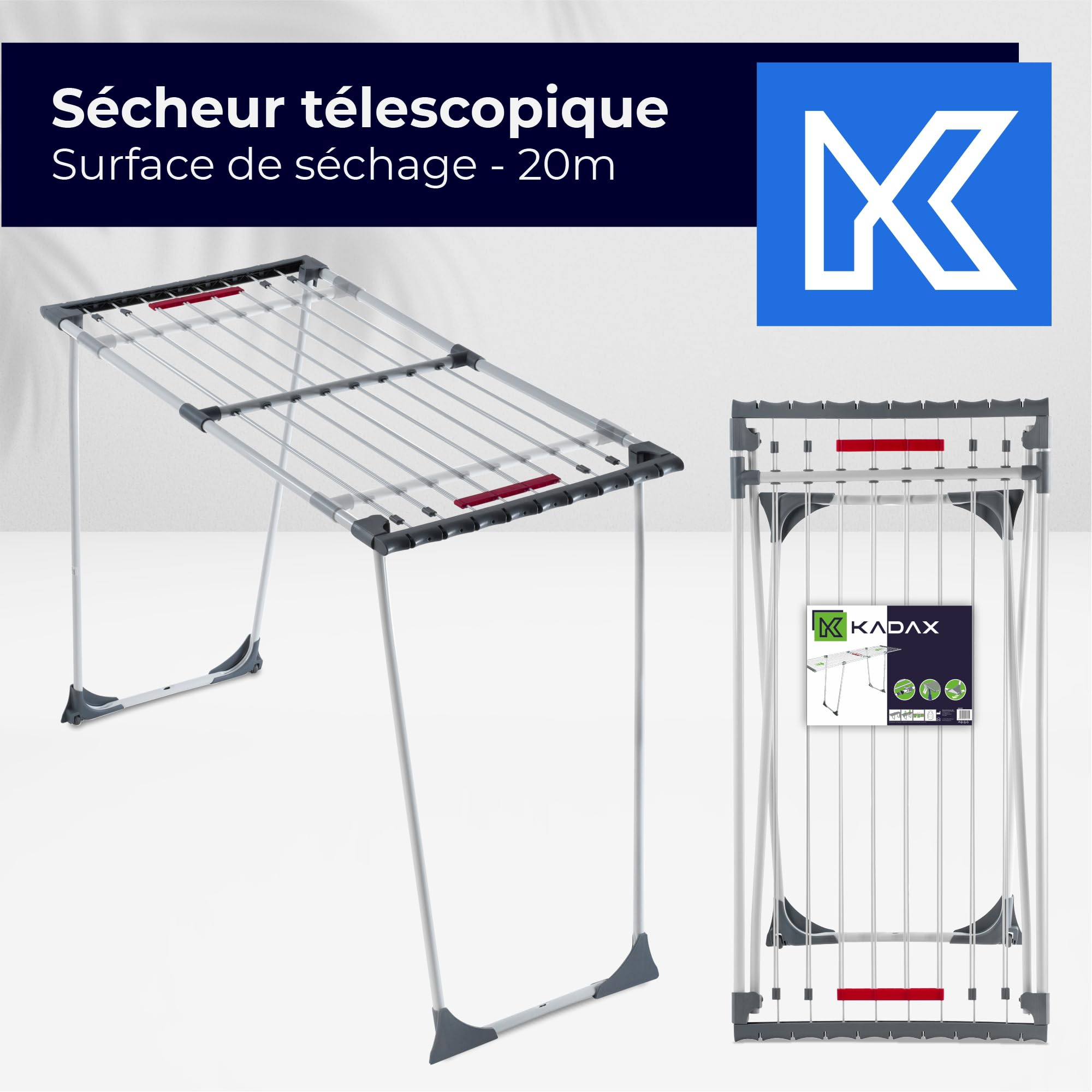KADAX Étendoir a Linge 20 metres, Support de Sechage sur Pieds, Sechoir Pliable pour Maximiser l'espace de Sechage, Etendoir Telescopique (Gris)