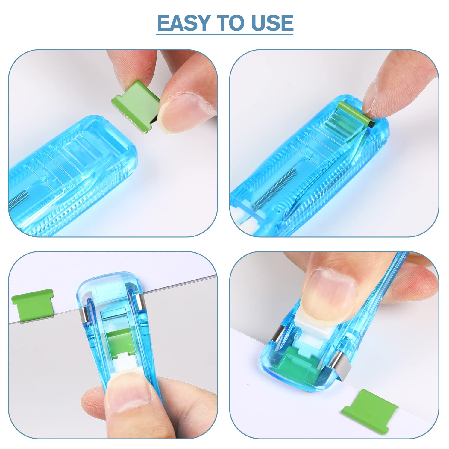 XQEUMC 2 Pièces Clam Clip Dispenser Push Stapler Distributeur de Pinces Avec 100 Clips réutilisables de Recharge pour Reliure en Papier à Feuilles Mobiles pour L'école de Bureau