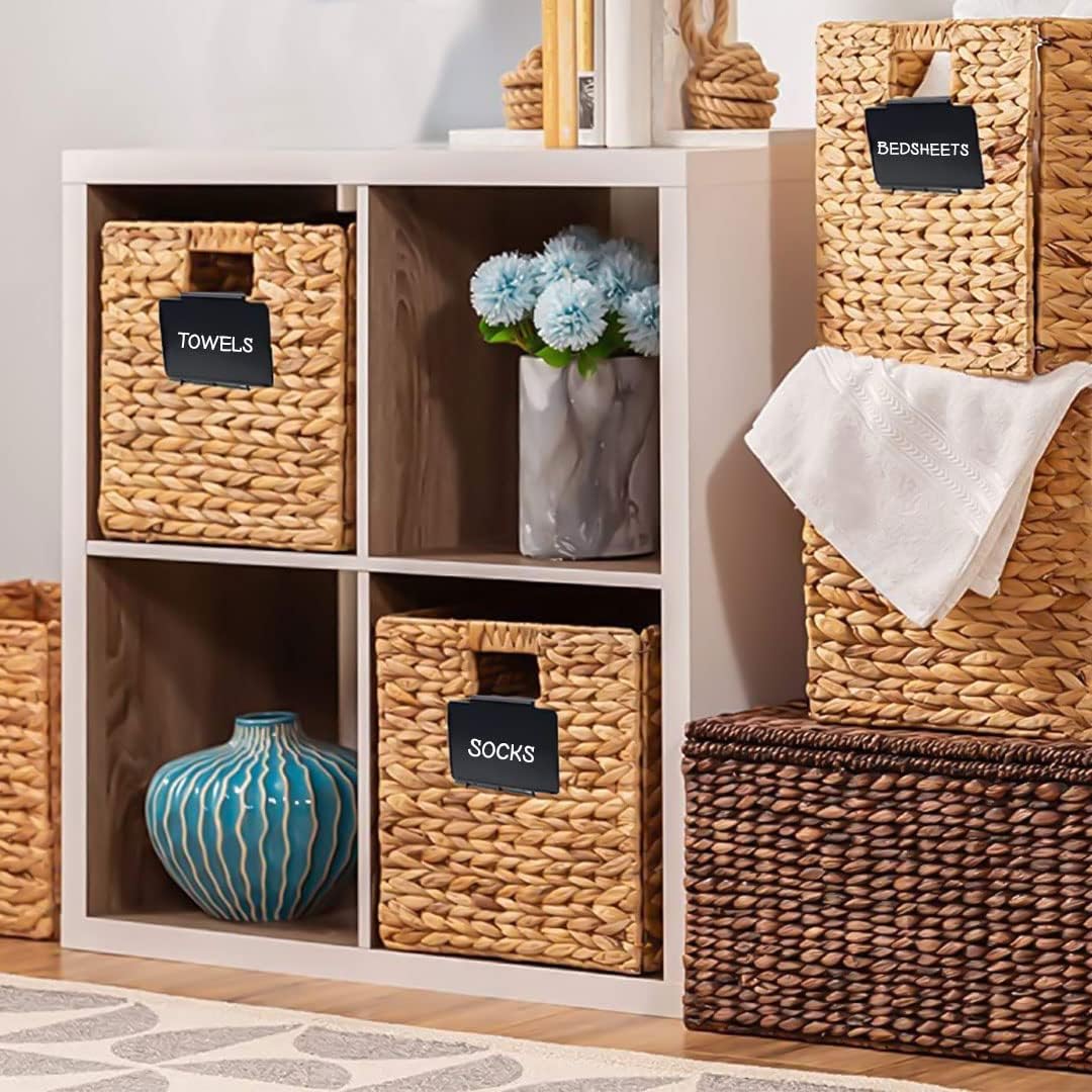 36 Pieces Basket Labels Clip Set, Include 32 Pieces Kitchen Clip Label Holder Removable PVC Bin with 4 Pieces Chalk Marker for Basket Pantry Organization Box (Black Label Clip, White Pen)