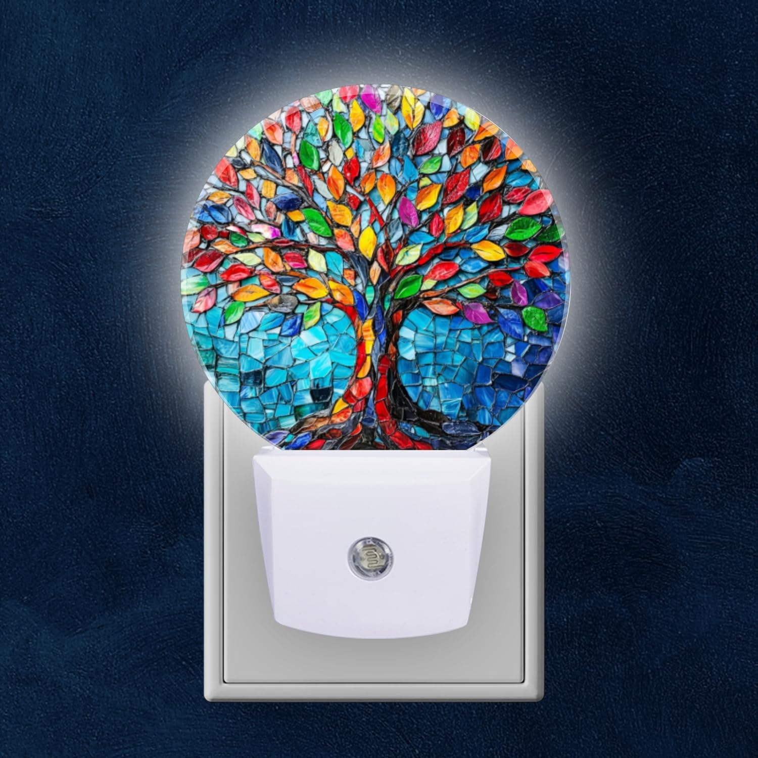 Round LED Night Lights Lamp with Dusk to Dawn Sensor Colorful Mosaic Tree Artwork Night Light Plug Into