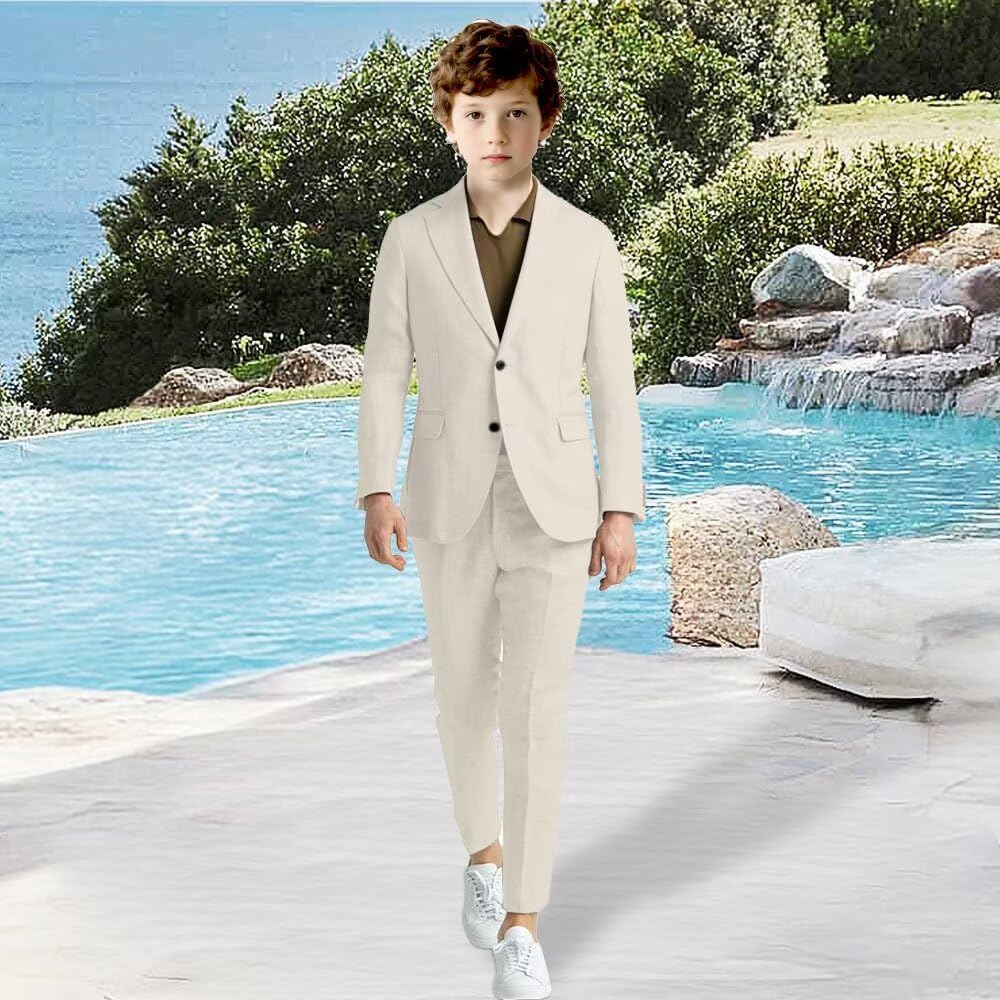 Boys Linen Suit 2 Piece Kids Tuxedo Ring Bearer Formal Suits Summer Beach Wedding Suit for Boys Blazer Pants