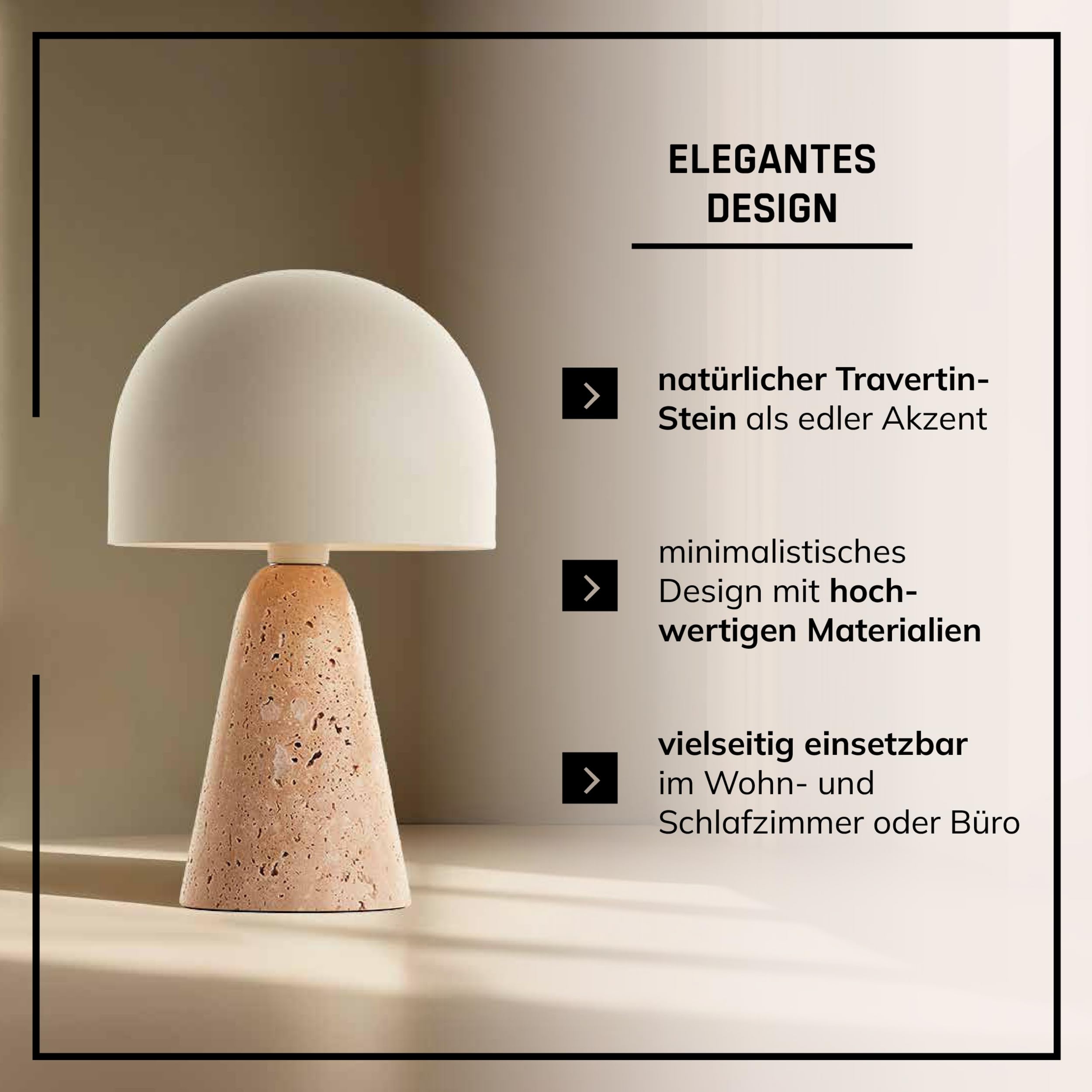 Lightbox Pilz-Tischlampe - Tischleuchte mit Sockel aus Travertin-Stein - Lampe für Wohnzimmer, Schlafzimmer & Fensterbank - exkl. E14 LED