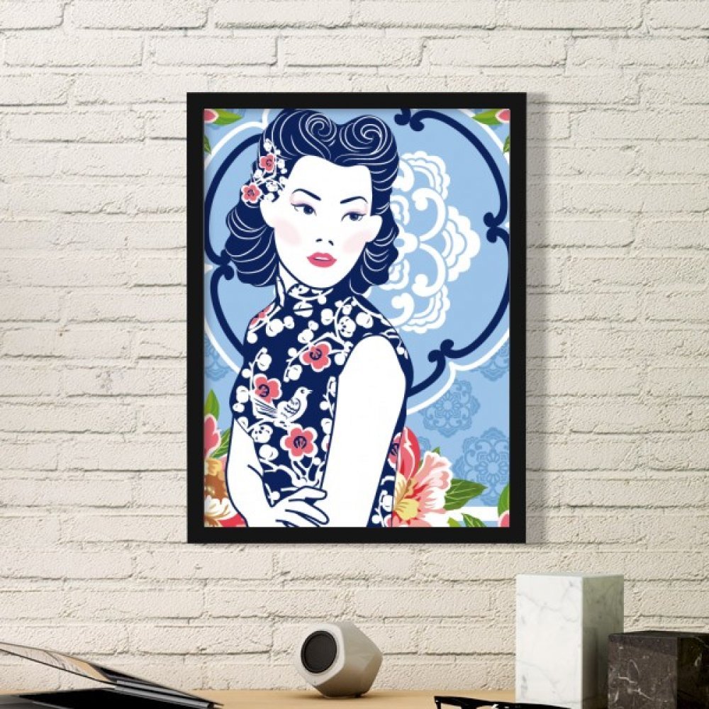 Peintures estampe fleur bleue art chinois cadre noir pour une ambiance zen chambre