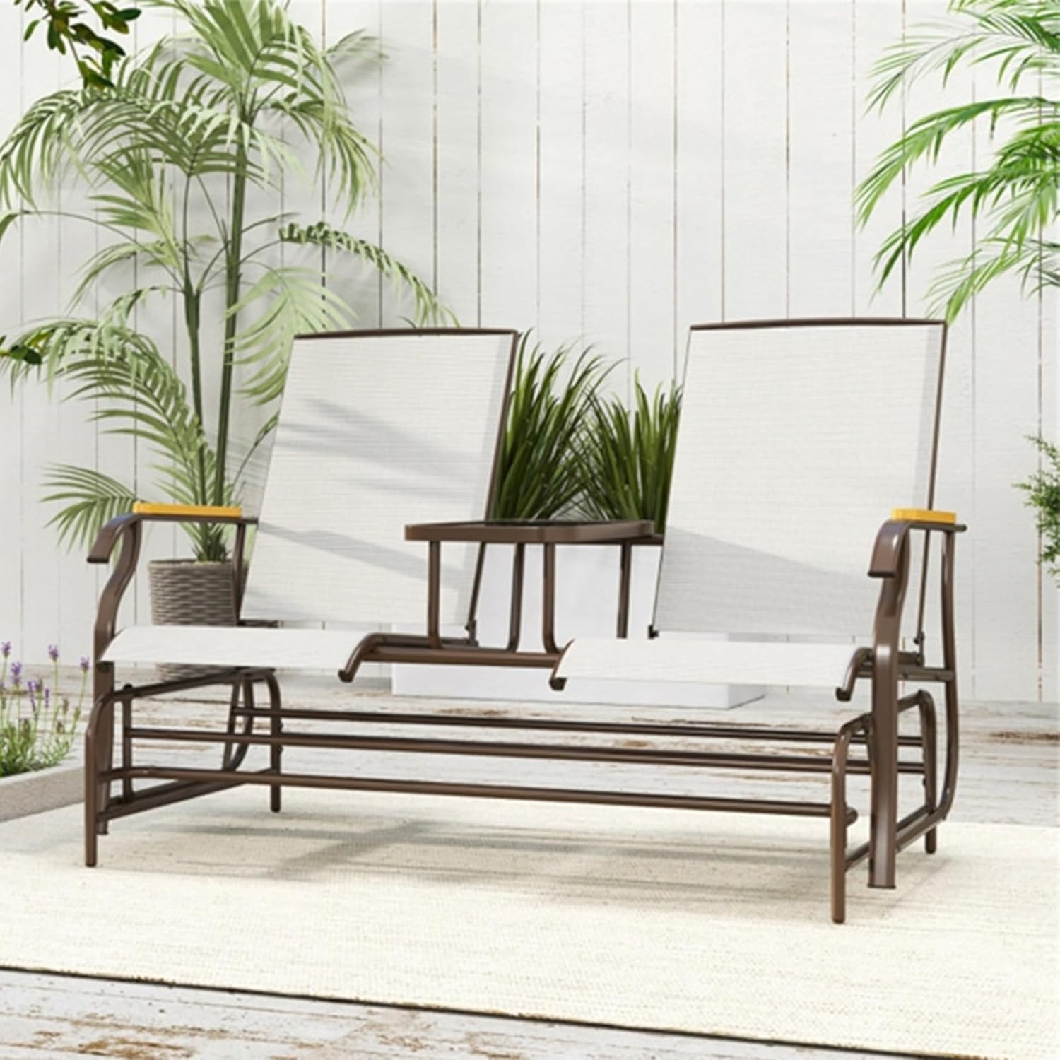 2-Person Garden Chair, Outdoor Glider Loveseat with Built-in Tempered Glass Table, 90-168° Glide for Patio Garden Balcony(Cream White)