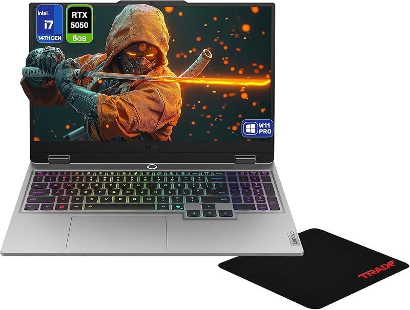 Laptop para juegos Lenovo LOQ 15IRX10, Intel i7-14700HX, 32 GB DDR5 RAM, 1 TB PCIe SSD, pantalla IPS de 15,6" (1920 x 1080), gráficos Nvidia G-Force RTX 5050, teclado retroiluminado, W11 Pro, alfombrilla para ratón Luna Grey+Traix