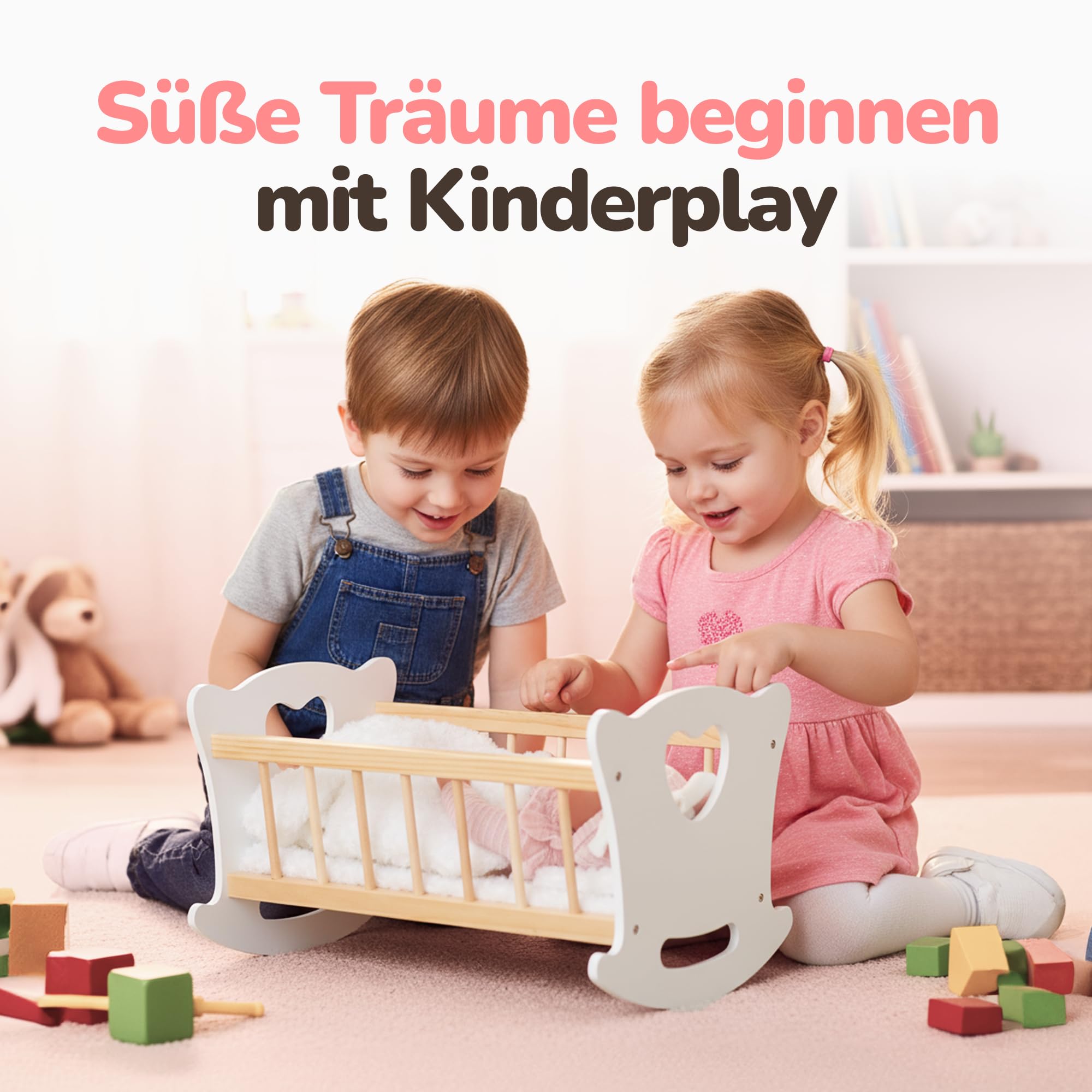 Kinderplay Łóżeczko dla Lalki, Kołyska dla lalki – Zestaw Kołyska plus Kołderka, Poduszeczka oraz Prześcieradło, dla laki o max. długości 49.5 cm., model GS2105 (GS2105)