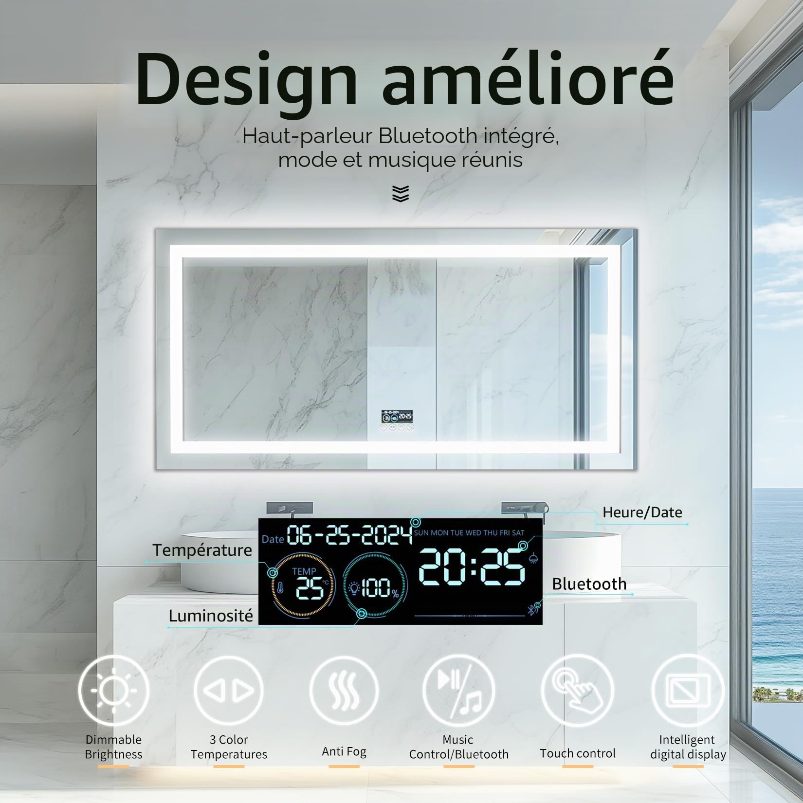 LUVODI Miroir Salle de Bain LED 120x60cm avec Bluetooth 5.2, Horloge, Éclairage Intégré, Rétroéclairage, 4 Boutons, Gradable, Connecté IP65, Mémoire Antibué