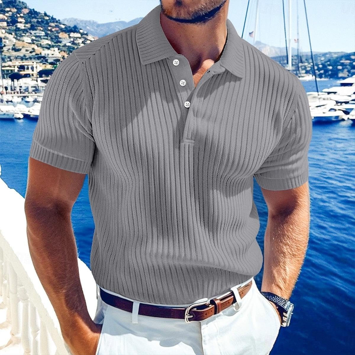 Hawyet Knitted Polo Shirts for Men Short Sleeve Textured Button Down Shirt Casual Summer Beach Tops Elasticity Golf Shirt