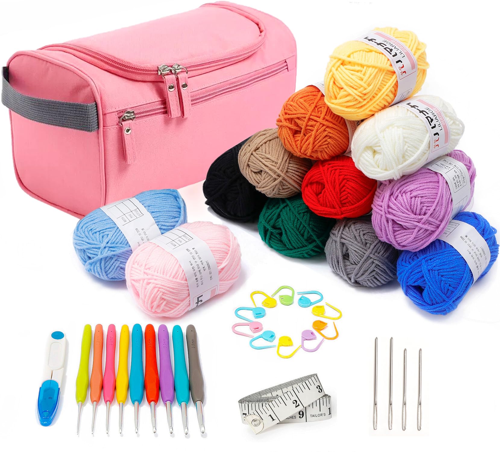 Bakecat Crochet Kits for Beginners Adults, Crochet Starter Kit, Crochet Set with Wool and Yarn Storage Bag, Pink