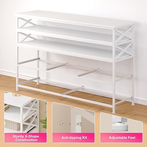 Miniatura 6 de Soporte de TV blanco para TV de 50 pulgadas, cómoda resistente para dormitorio con 5 cajones de tela y estantes abiertos de madera, cómoda de