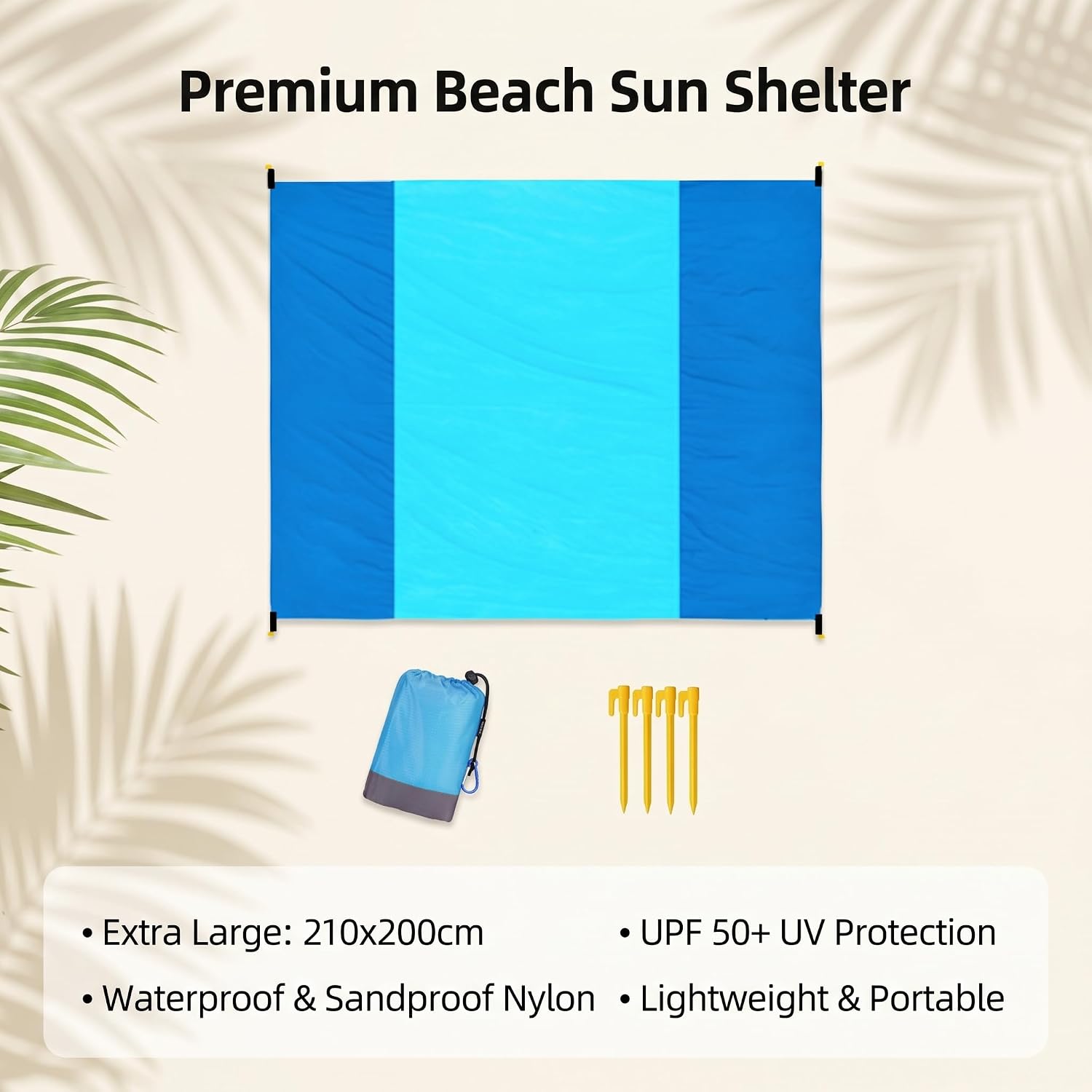 TaShow Beach Tent Sun Shelter, 210x200cm Extra Large Beach Canopy Portable Waterproof Sandproof Nylon Sun Shade Lake Blue Shade Sand Anchor Umbrella for Outdoor Family Picnic Camping UV Protection
