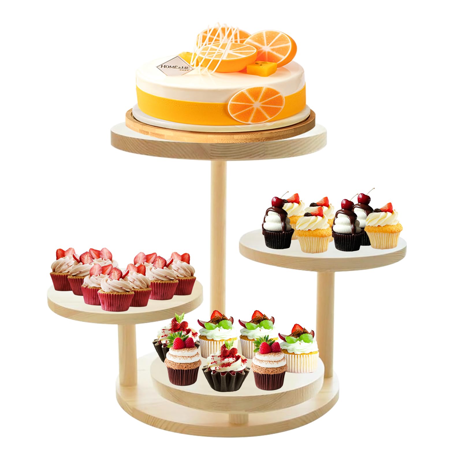 Voittozege 4 Tier Cupcake Stand, Round Wood Cake Stand with Tiered Tray Decor for 50 Cupcakes, Farmhouse Cupcake Display Stand Tiered Serving Trays for Birthday Graduation Baby Shower Tea Party