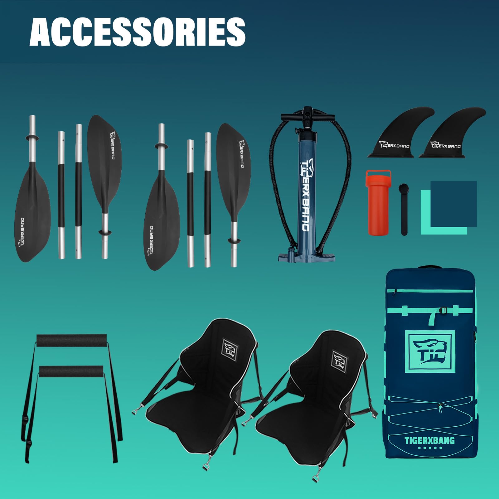 TIGERXBANG Kayak inflable para 2 personas, kayak de turismo de 420 cm para adultos y niños con asiento extraíble, paletas dobles, reposapiés, bomba de mano y accesorios