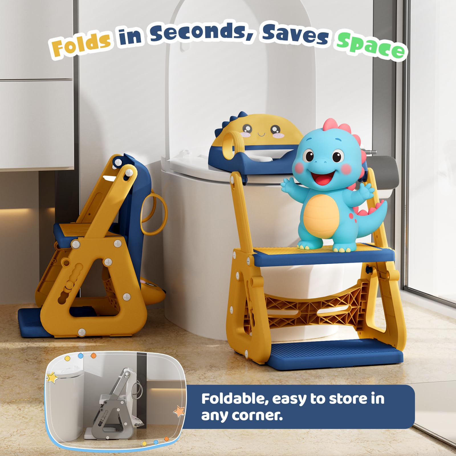 Riduttore Wc Bambini con Scaletta, 2 In 1 Scaletta Wc Per Water Bambini con Struttura a Triangolo, Paraspruzzi Estesi Regolabile e Pieghevole Sgabello Antiscivolo, Adattatore per Bambino e Cuscino
