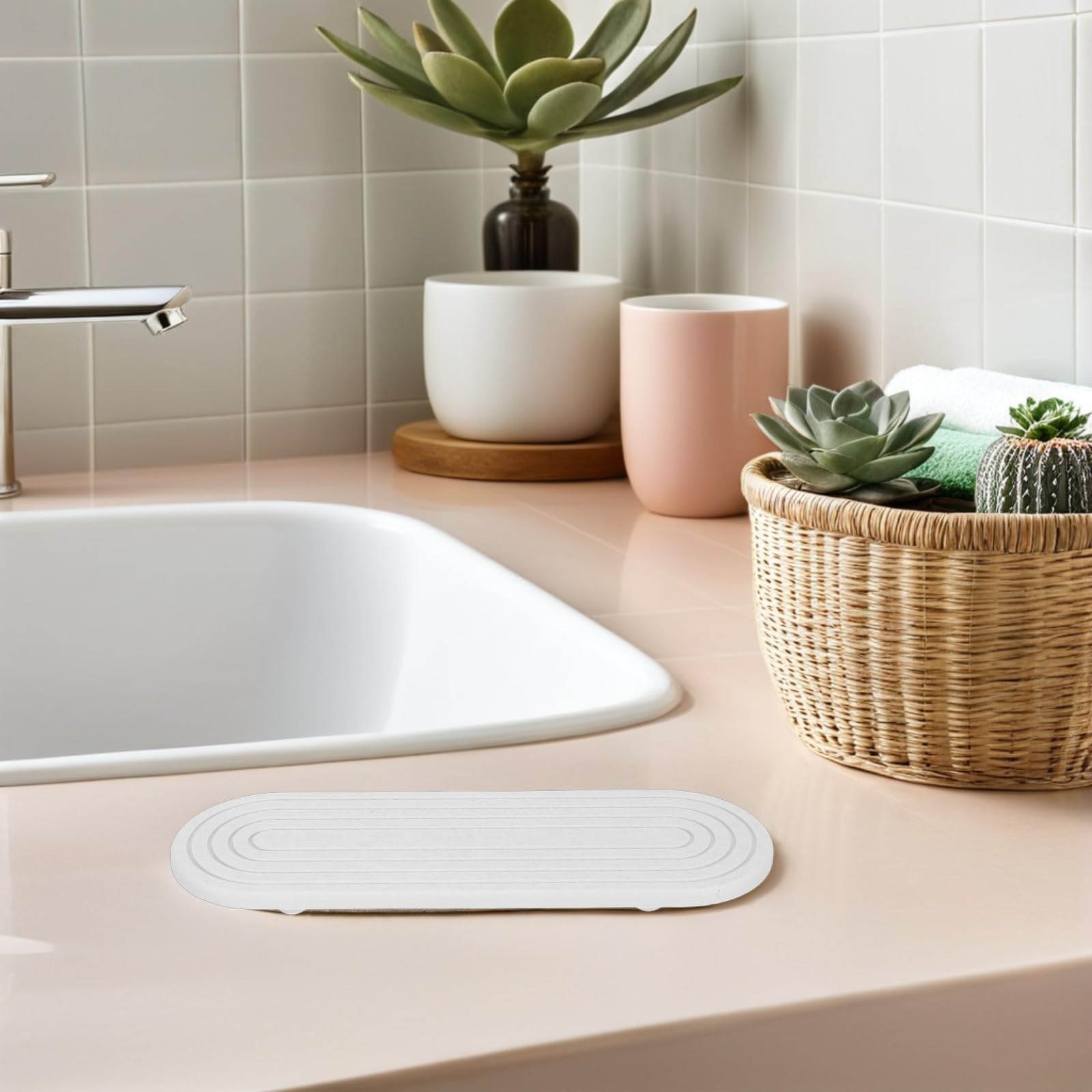 Vassoio in Pietra Diatomacea Bianco Assorbente per Bagno e Cucina Supporto in Legno Stabile e Asciugatura Rapida per Porta Bicchiere da Denti