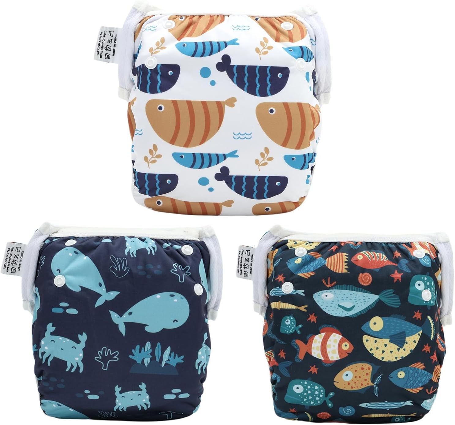 Reusable Swim Diaper Baby Toddler Snap Adjustable Waterproof for Boys Girls Pool Swimming Lesson 3 Pack 0-2T Fishes Dolphin