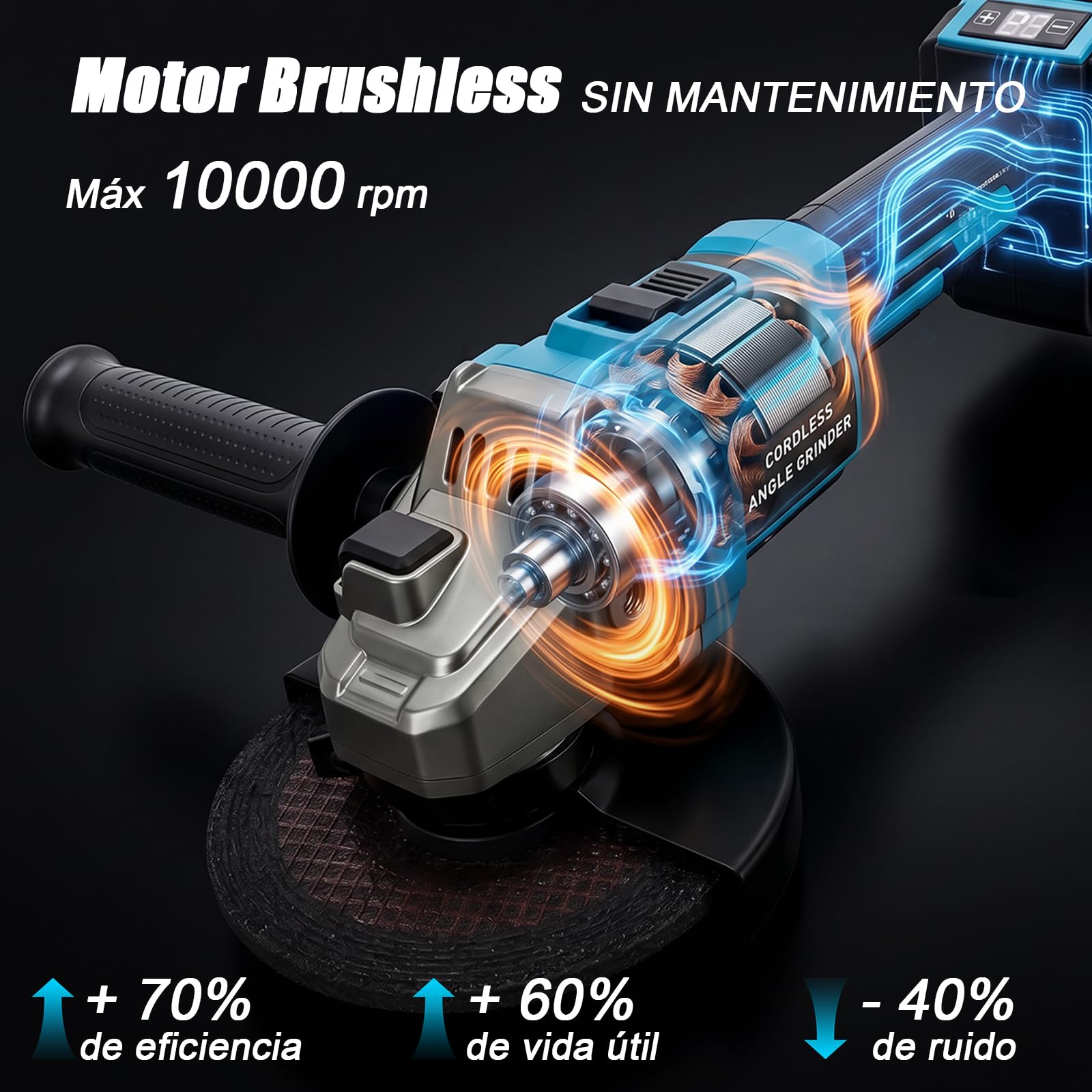 YEARTOP Amoladora angular con batería, 125 mm, 21 V, sin escobillas, con 2 baterías de 4,0 Ah, modo automático y 6 velocidades variables (máx. 10000 rpm), pantalla LED, husillo M14, desconectar y