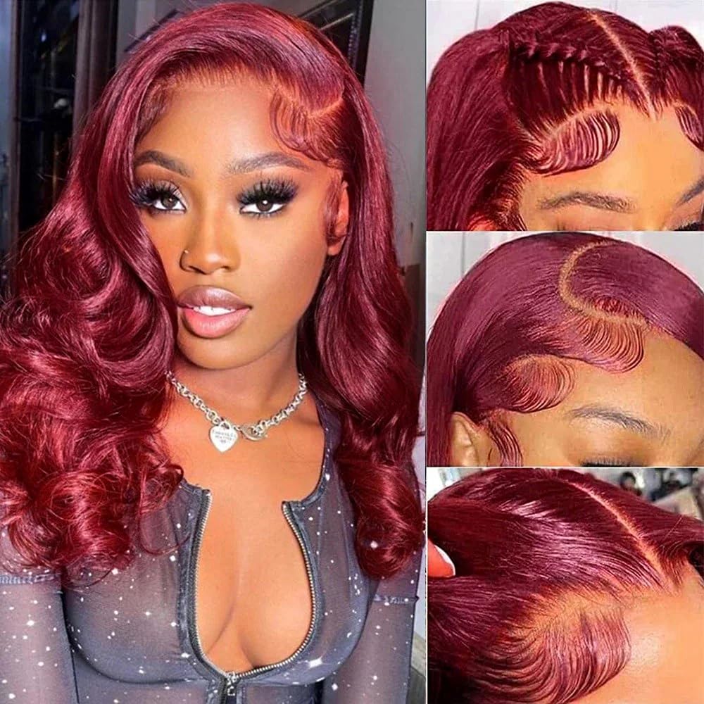FASCARA 99J Burgundy Body Wave Bob Wig 13x4 HD Transparent Lace Front 180% Density Human Hair Wig with Baby Hair for Black Women 12 Inch