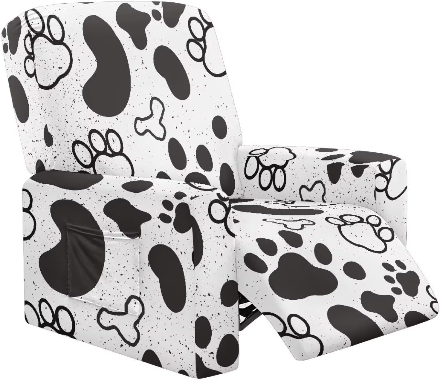 FOR U DESIGNS Black White Paw Cow Stretch Recliner Cover Slipcover Universal Fit Protective Covers for Living Room Recliners with Elastic Loops Washable Prevent Stains and Damage