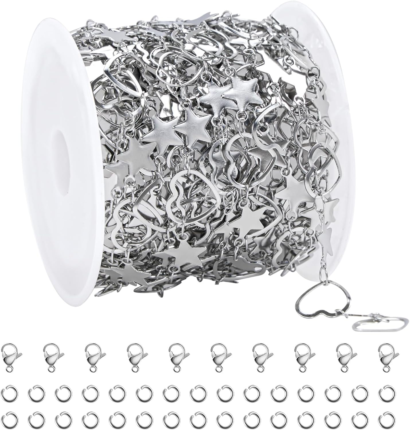 SMYHTGLIF 4 Meters Silver Hollow Heart Chain for Jewelry Making Stainless Steel Star Chain Bulk Craft Jewelry Findings