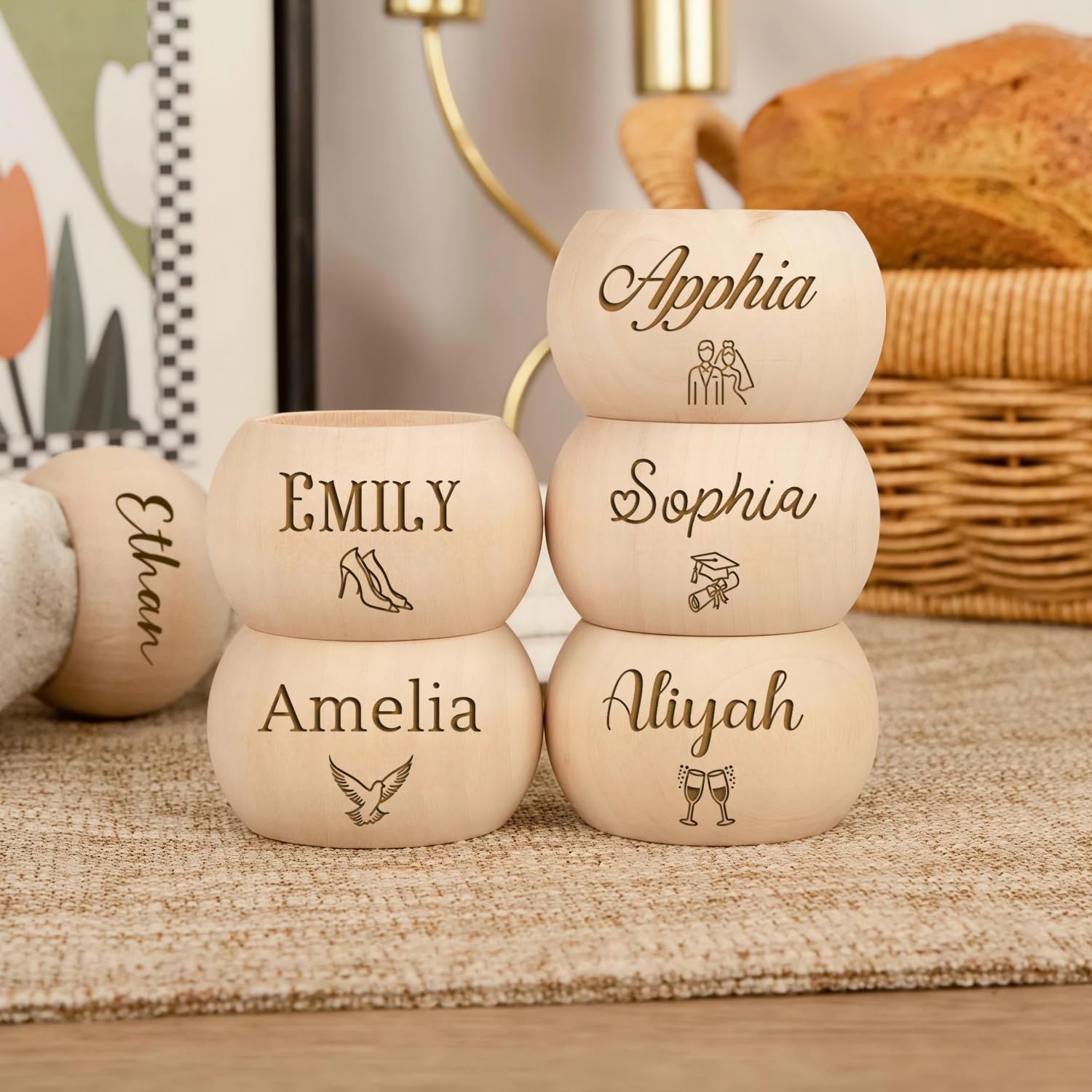 Personalized Round Napkin Rings Wood, Custom Engraved Name Tableware Decoration, Heartwarming Gift for Housewarming, Christmas, Thanksgiving Dinner(6PCS)