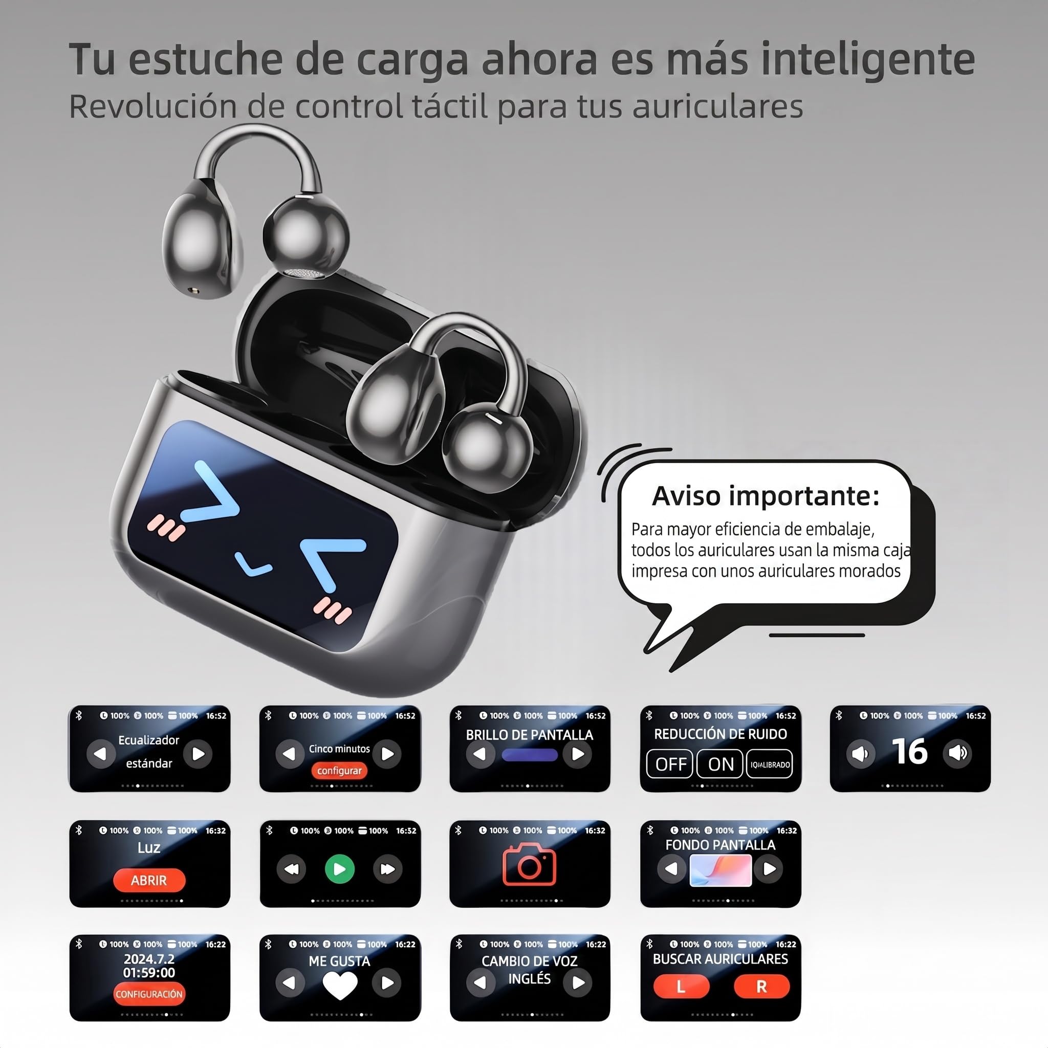 Auriculares de clip con pantalla táctil, auriculares inalámbricos abiertos con Bluetooth 5.4, batería de 50 horas de duración, ligeros y cómodos, con micrófono integrado, IPX7, impermeables, para