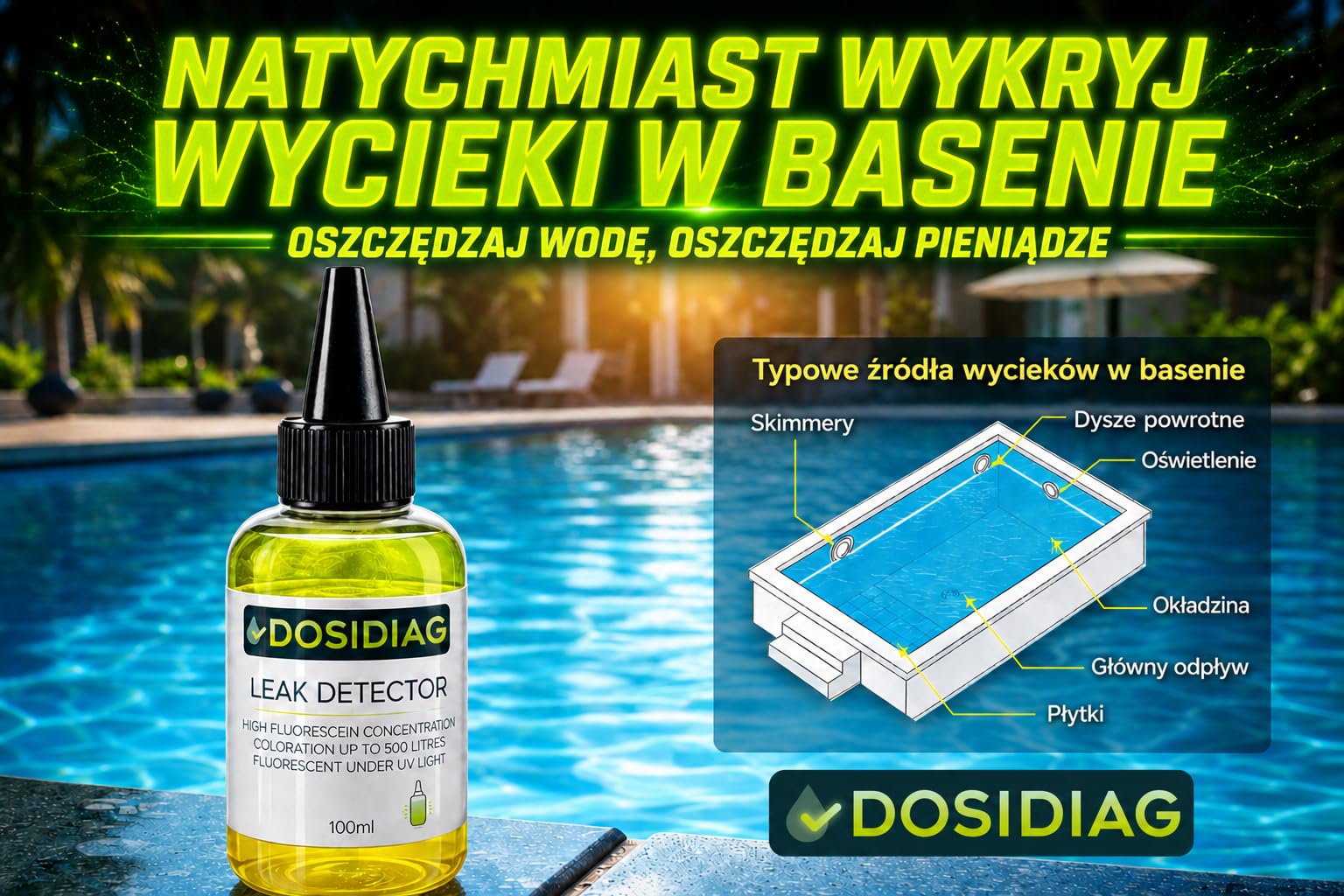 Detektor wycieku DOSIDIAG | Uniwersalny wykrywacz wycieków: basen, spa, instalacja sanitarna, dach, samochód | wysoka koncentracja fluoresceiny | barwnik do lokalizacji wycieków