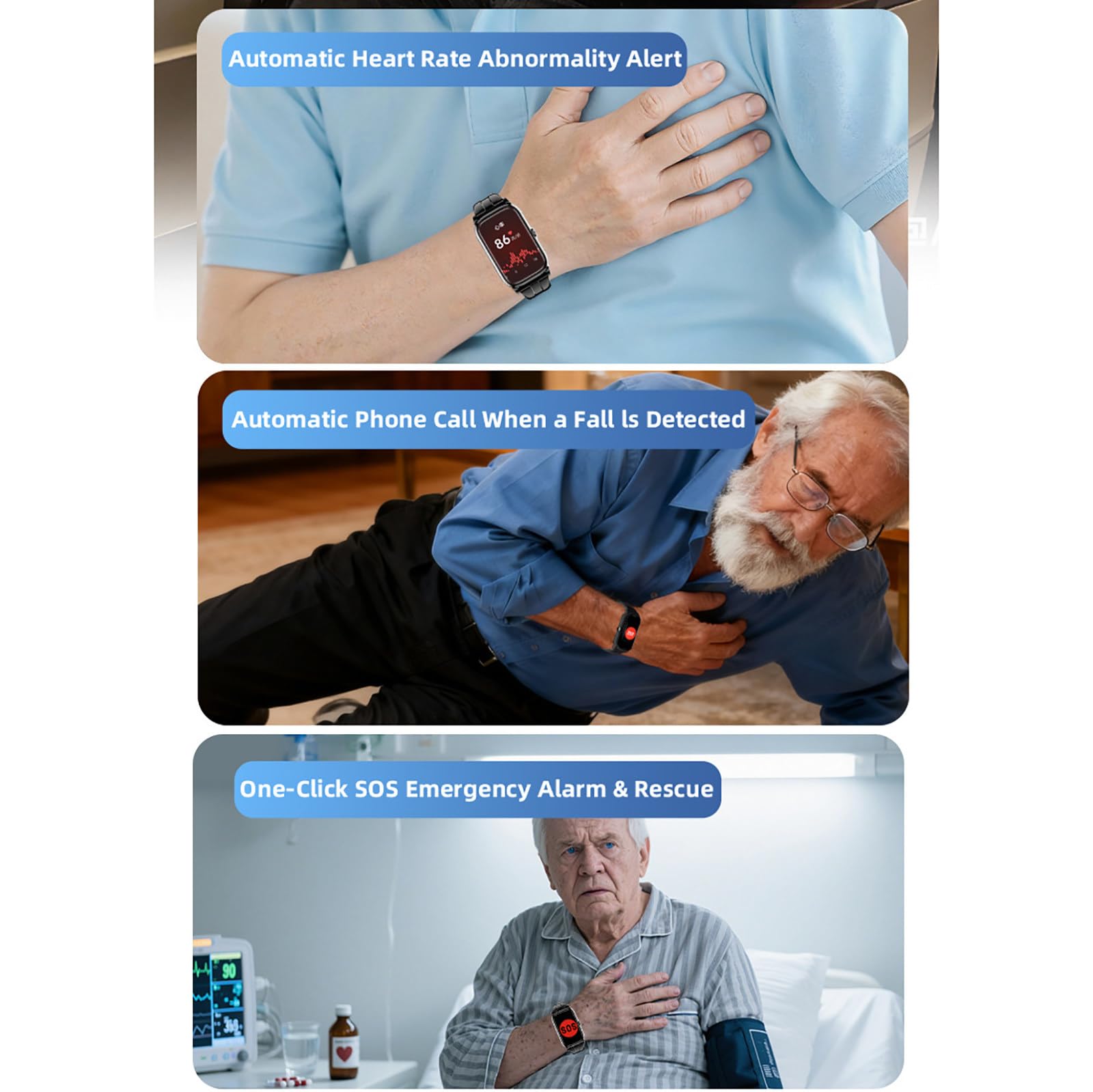 Montre connectée GPS pour personnes âgées, détection de chute, bouton SOS, appel vidéo HD, surveillance de la santé pour les personnes âgées et les patients atteints de démence