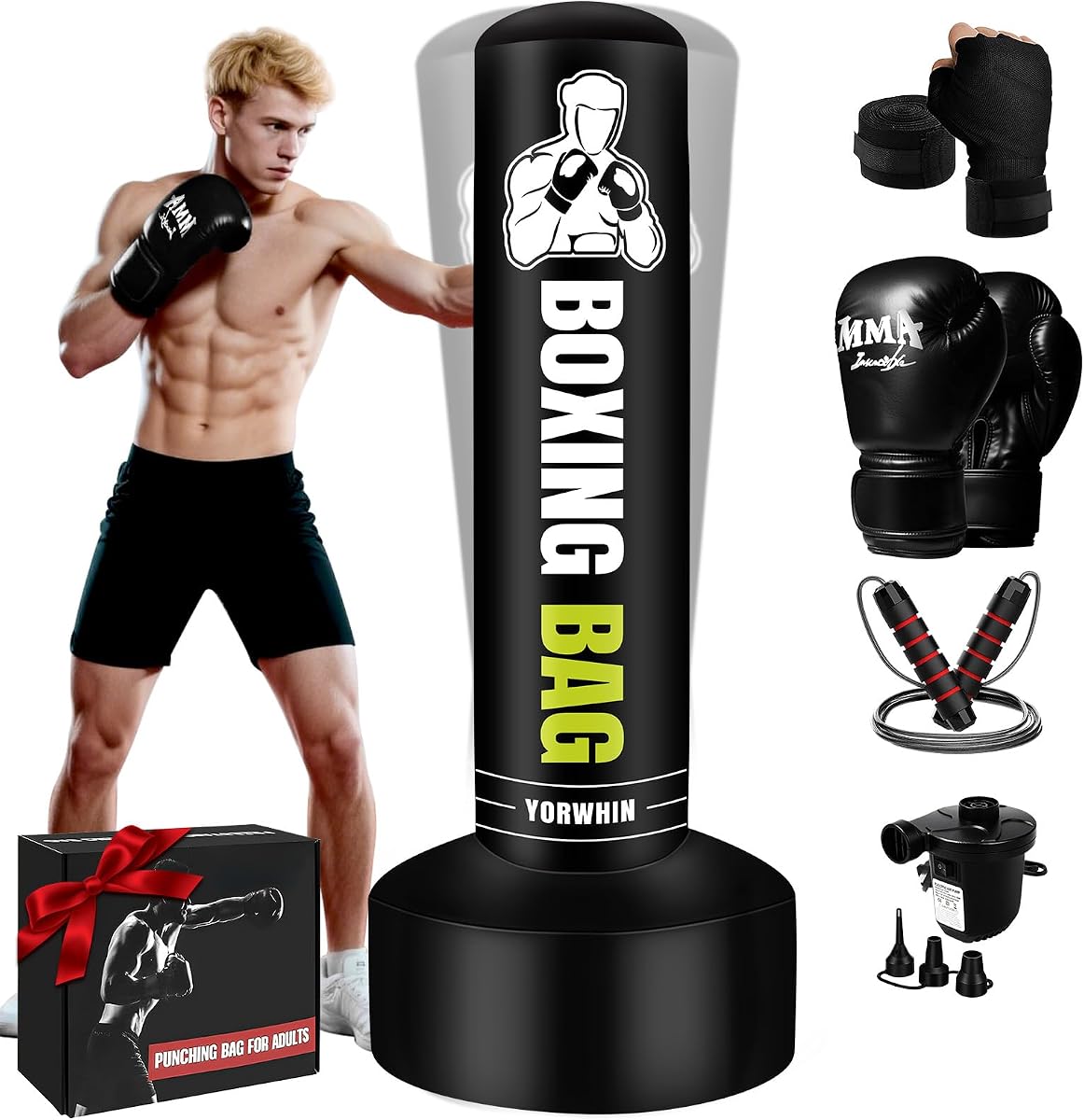 Freestanding Punching Bag for Adults Teens, Heavy Bag with Gloves, Pump | 70'' Heavy Boxing Bag with Stand, Women Men Standing Kickboxing Bag for MMA Training Muay Thai Fitness Karate Home Gym