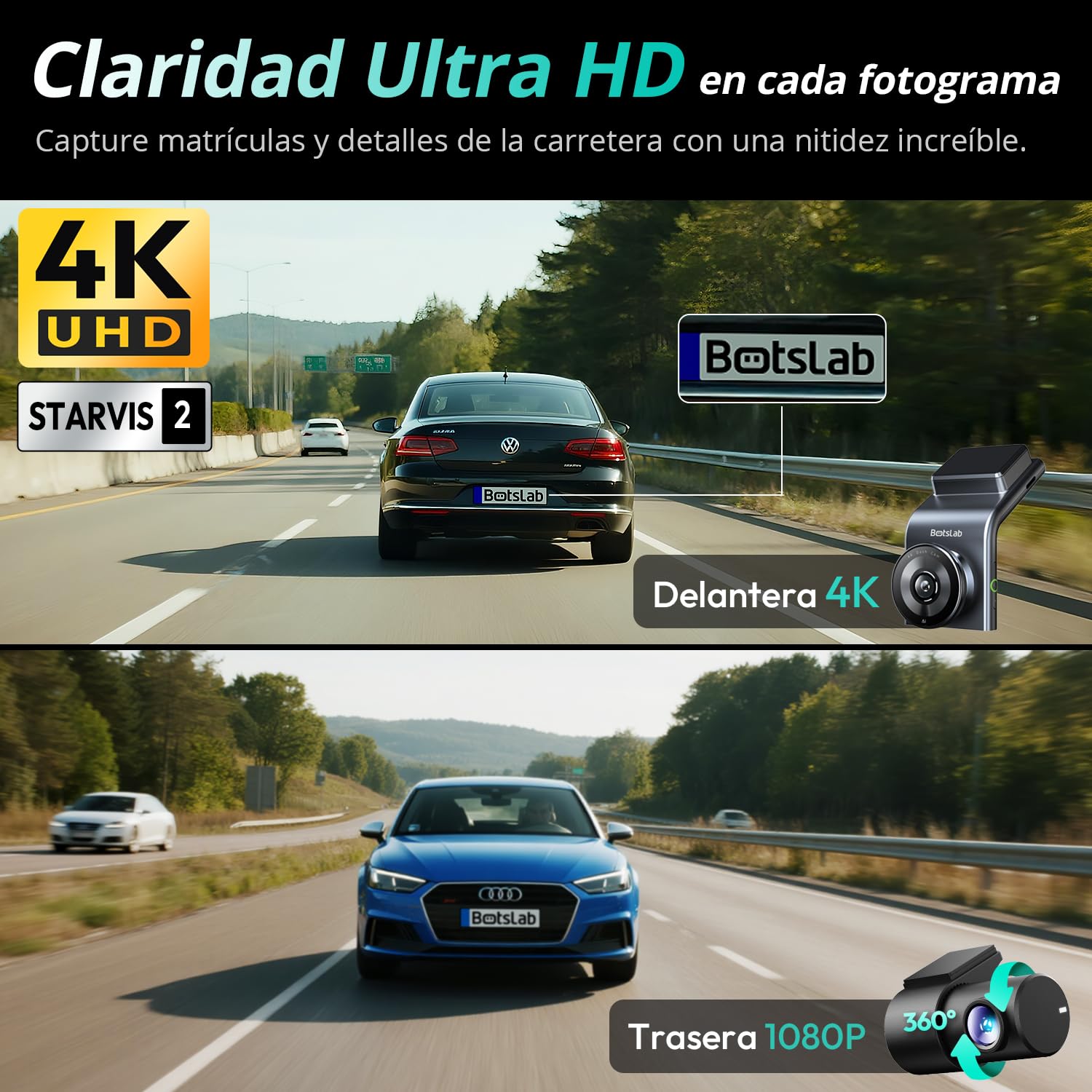 BOTSLAB 4K Cámara Doble para Salpicadero Delantera y Trasera, Sensor STARVIS 2, GPS Integrado, Control por Voz, Cámara WiFi de 5 GHz para Automóviles, Tarjeta de 64 GB Incluida.