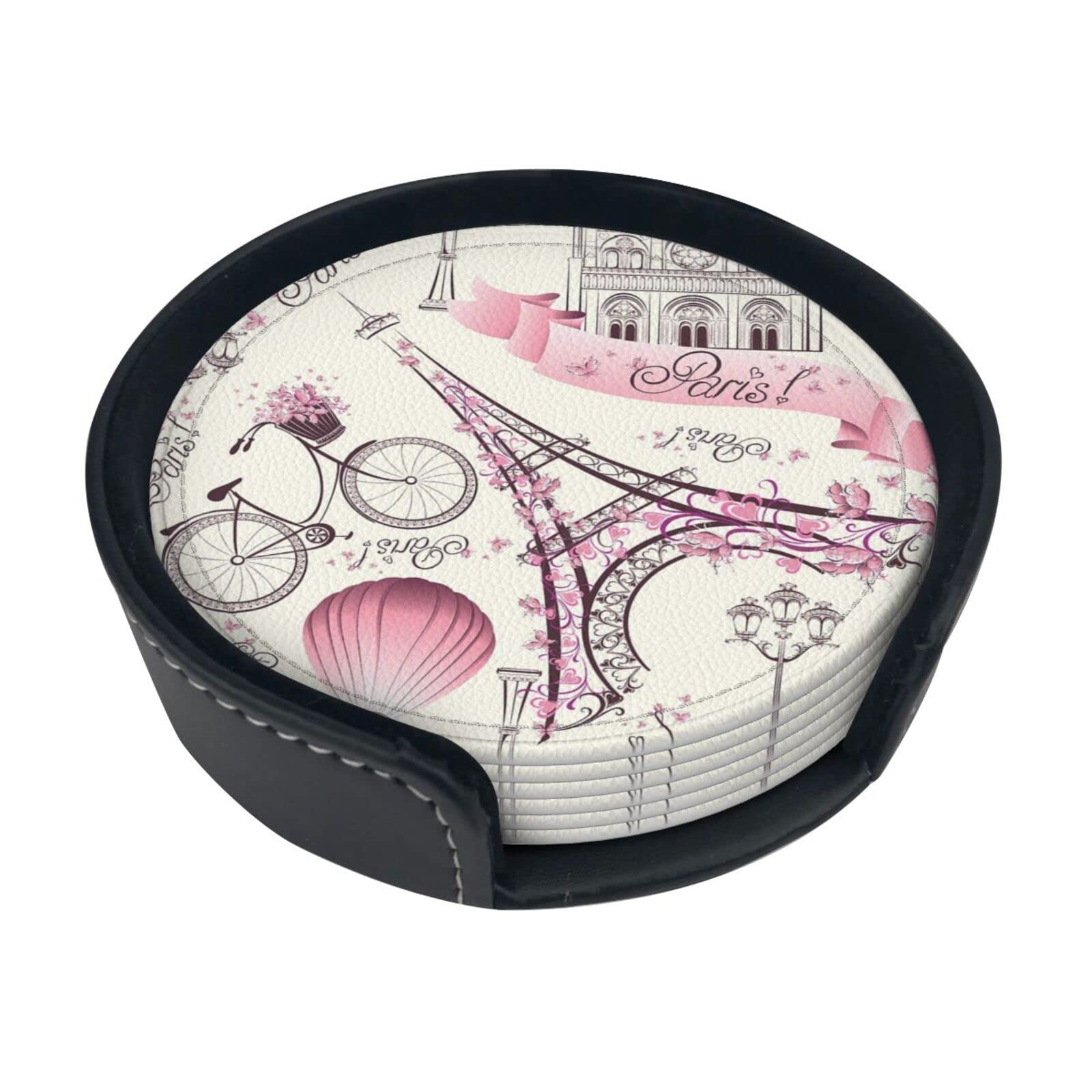 Alteko Paris Tower Flower Coasters Set Of 6 Print Leather Coasters For Drinks,Home Décor And Housewarming Gift