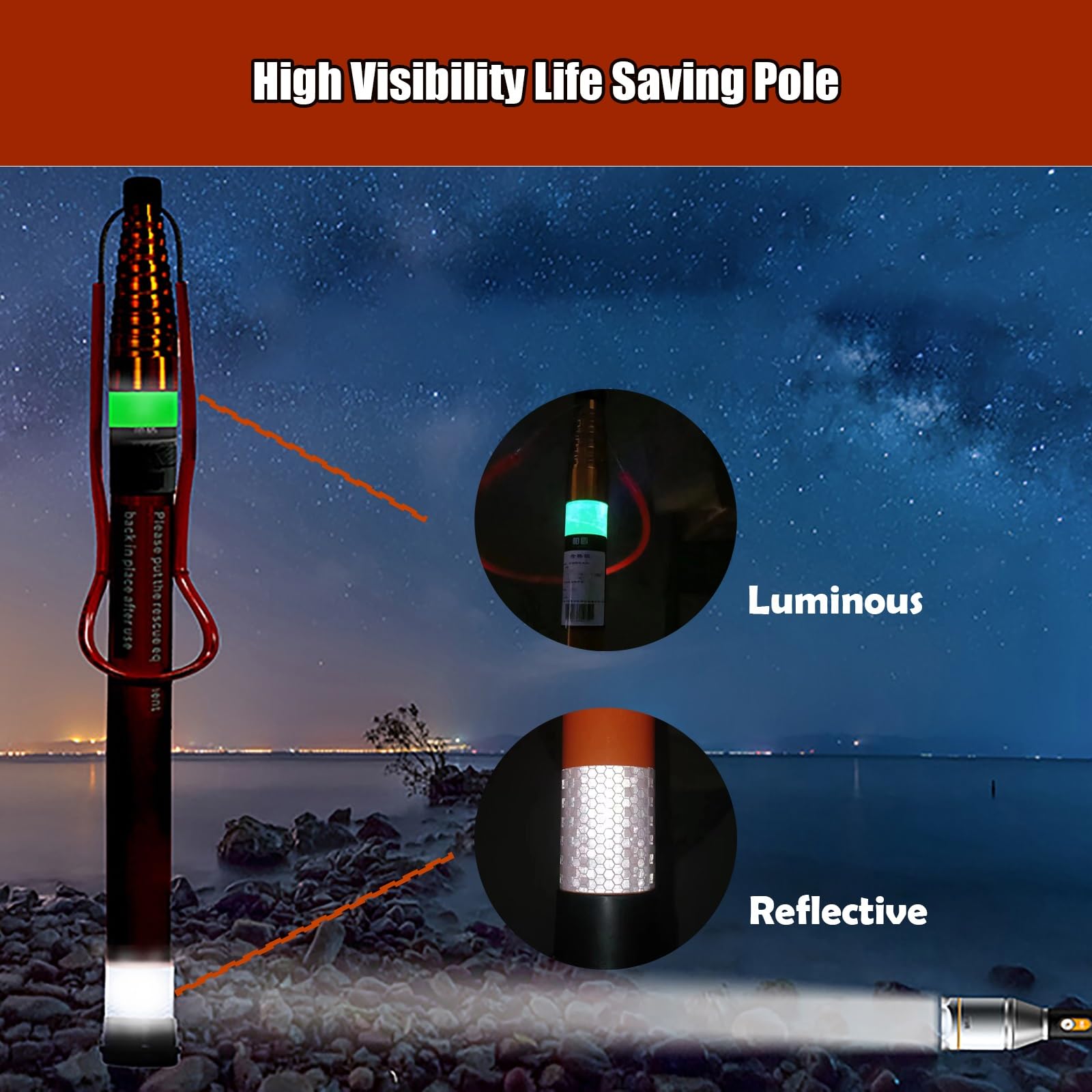 Poste de rescate profesional para piscina con gancho de seguridad luminoso y reflectante para niños adultos para parques acuáticos, clubes de natación y playas, equipo salvavidas esencial para pisci