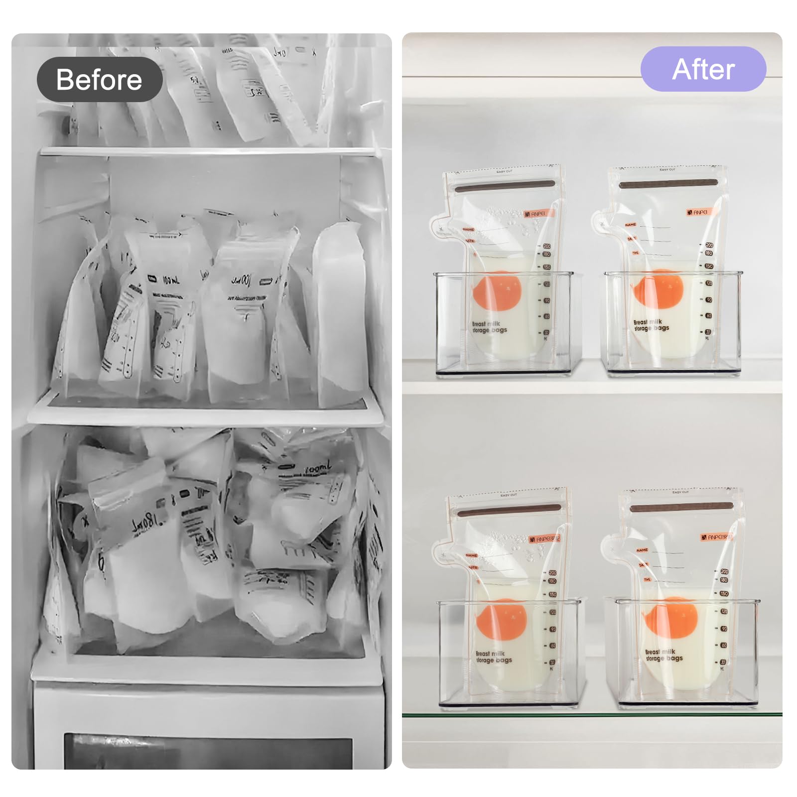 Hudgan 4 PCS Breastmilk Storage Container Set, Space-efficient for Breast Milk Storage in Fridge Freezer, Fits the Lansinoh and Medela bags