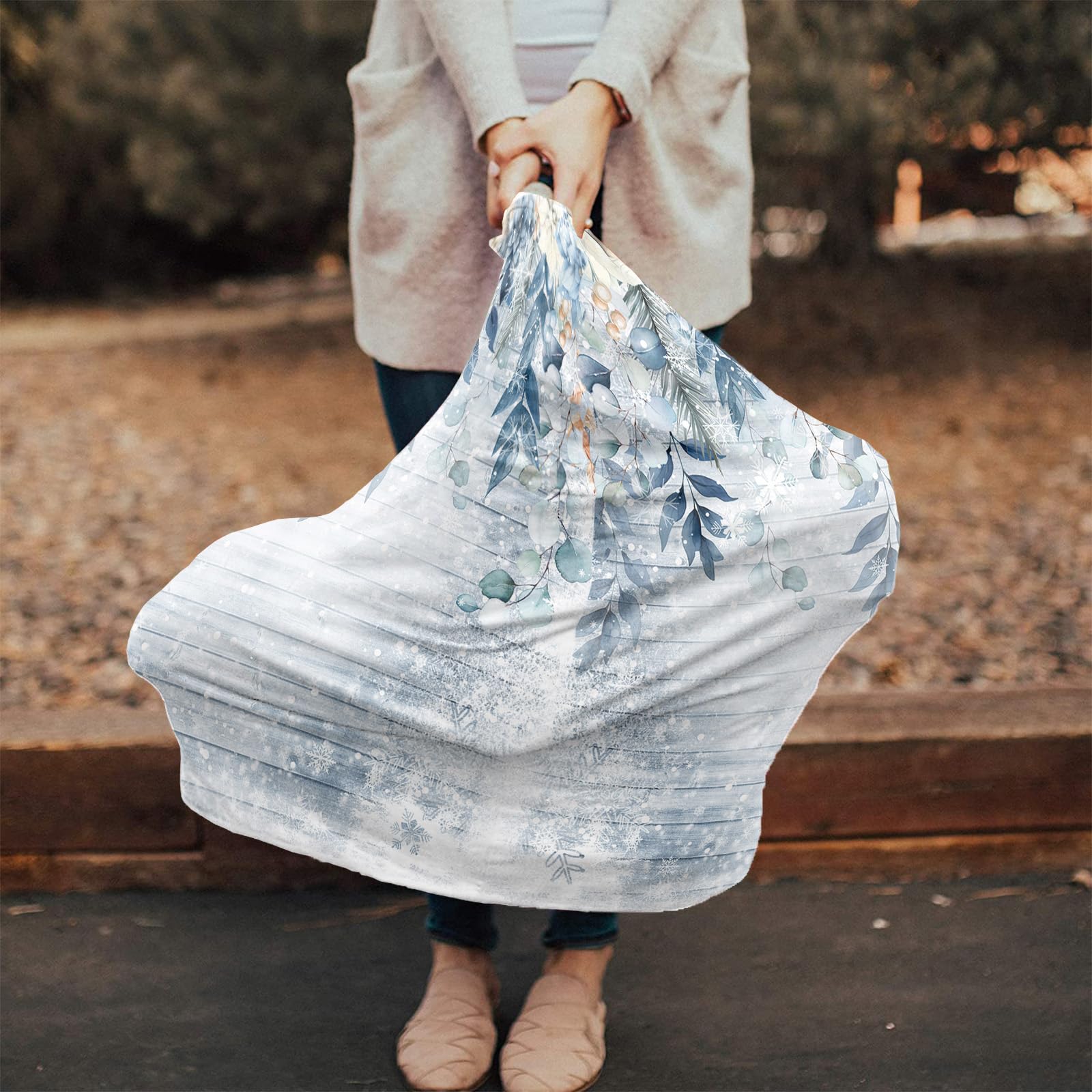 Nursing Cover for Breastfeeding Scarf, Blue Eucalyptus Leaves Poinsettia Floral Wood Grain Christmas Baby Car Covers Super Soft Multi Use for Canopy Shopping Cart Cover Blanket Stroller Cover